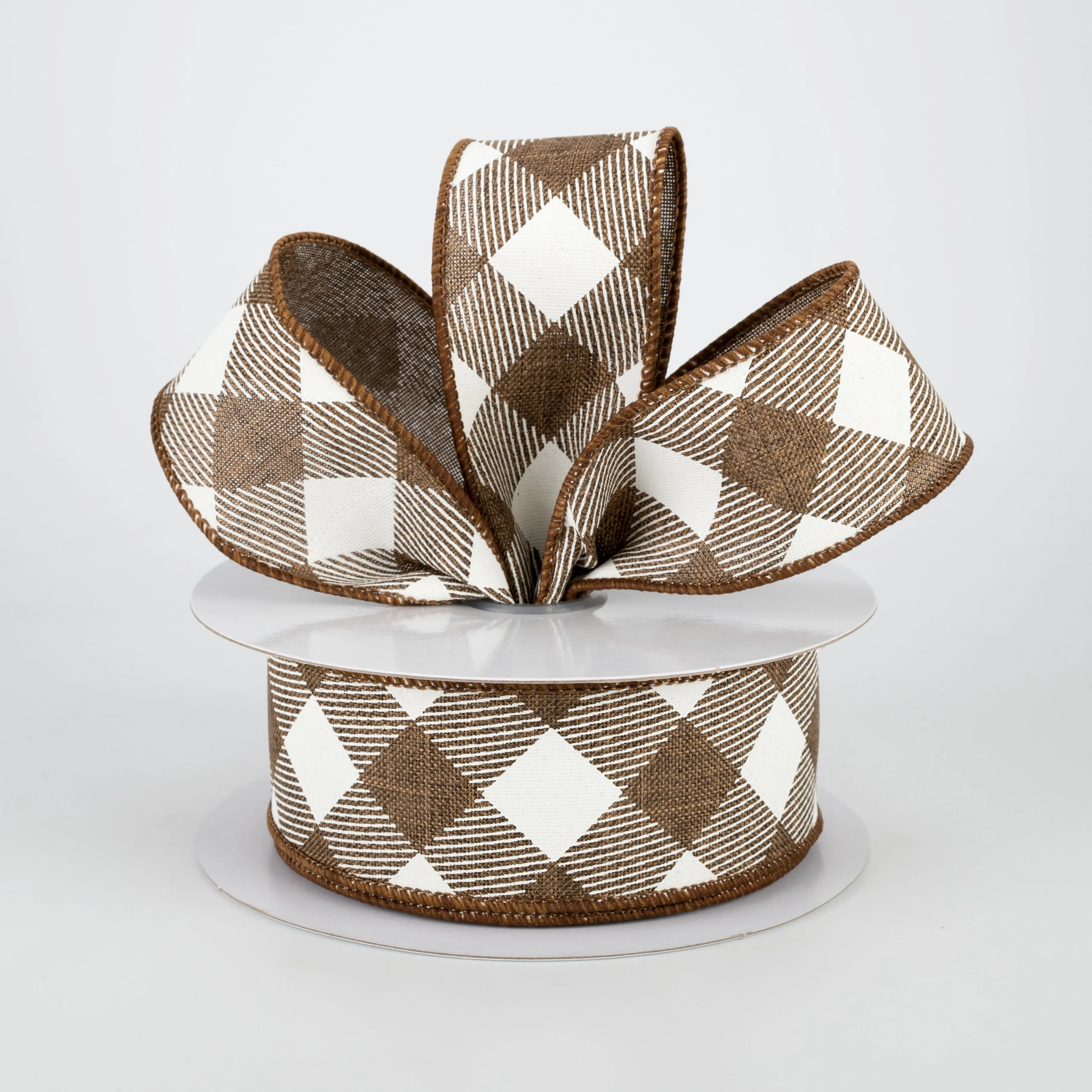 1.5" Diagonal Check Ribbon: Brown & Ivory (10 Yards)