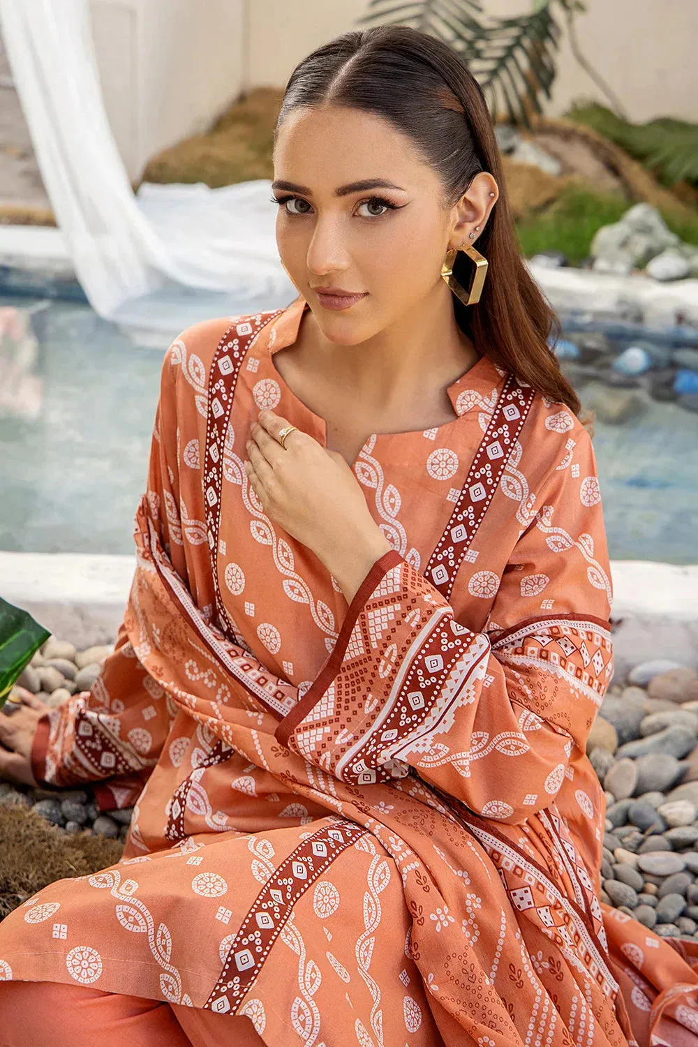 3PC Printed Unstitched Lawn Suit KLA-2705 Peach
