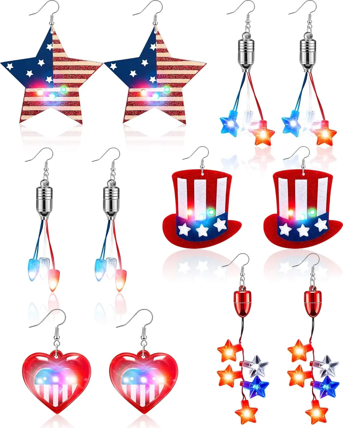 6 Pairs 4th of July LED Dangling Earrings American Flag Earrings USA Light up Earrings Patriotic Star Heart Earring Red White Blue Bulbs Dangling Earring with LED Light for Women Independence Day Gift