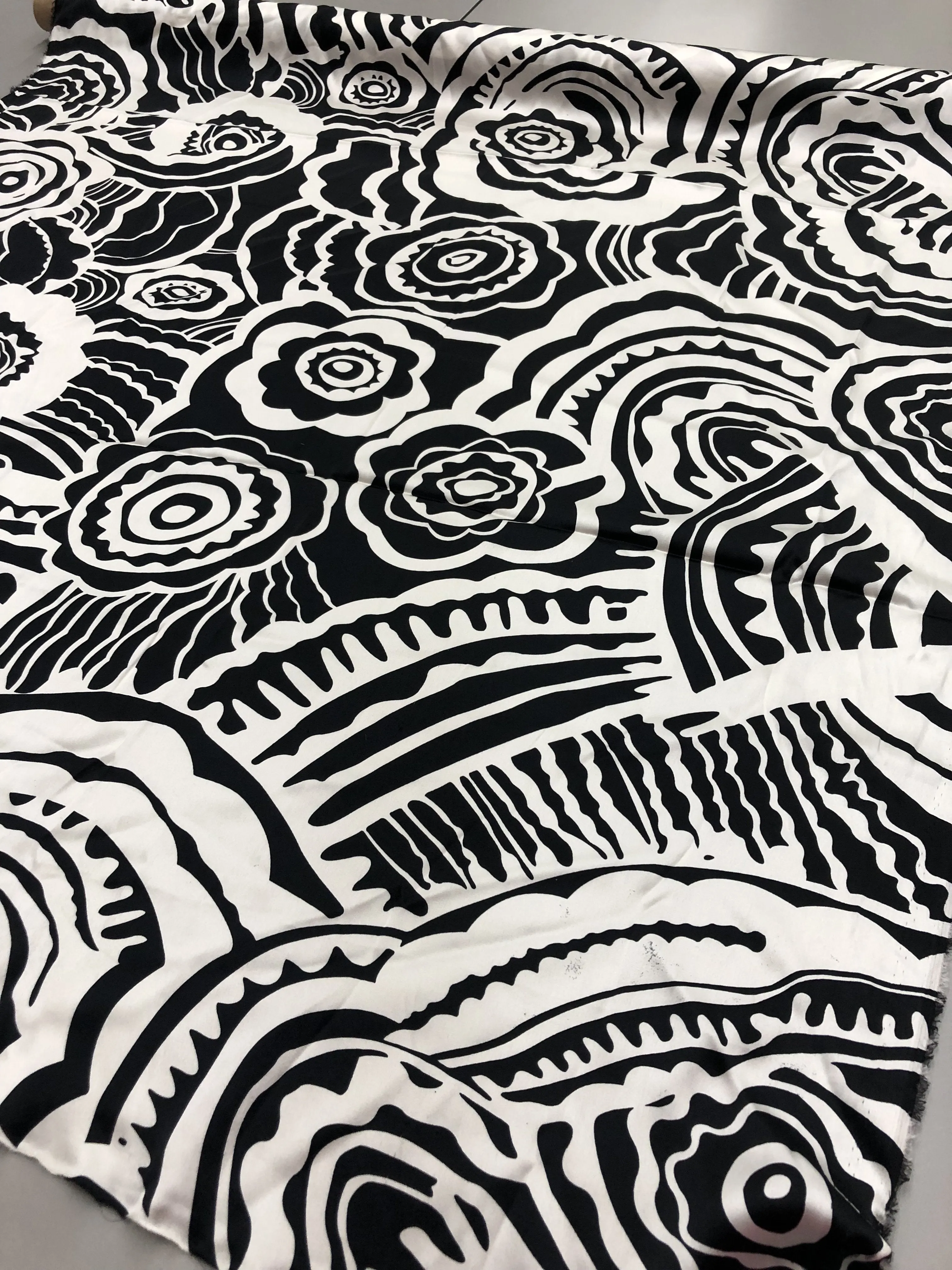Abstract Large Scale Floral Printed Silk Charmeuse - Black / White