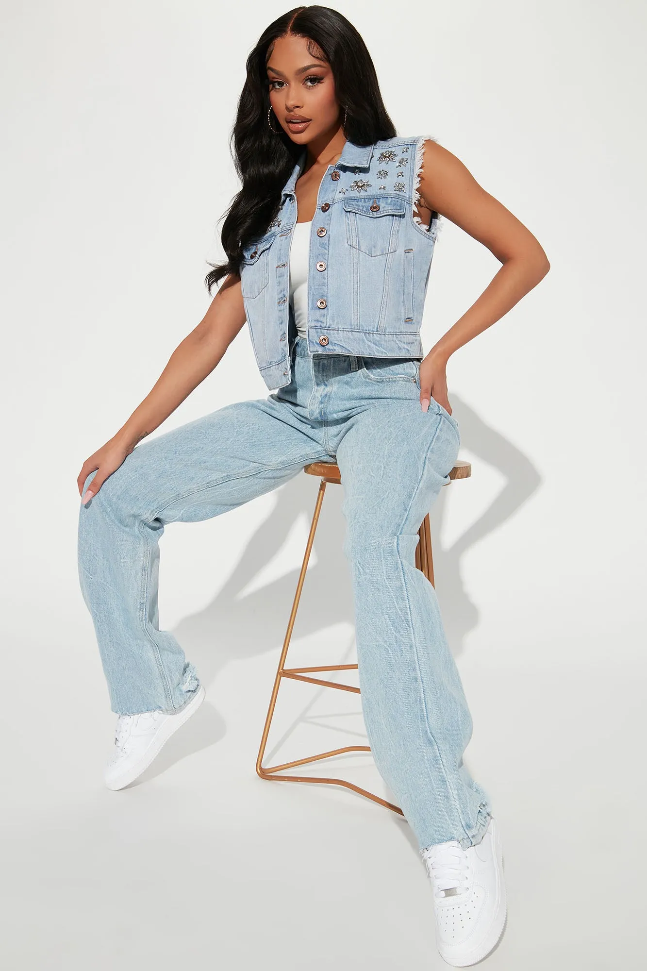 All My Love Embellished Denim Vest - Light Wash