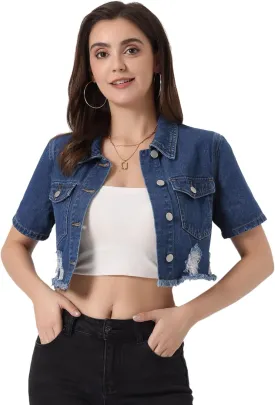 Allegra K Cropped Denim Jacket for Women's Short Sleeve Button Down Frayed Short Jeans Jackets