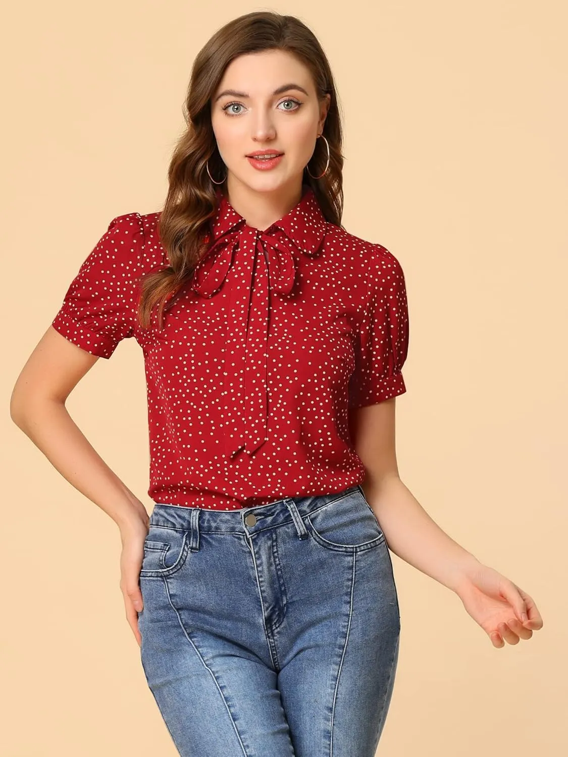 Allegra K Women's Retro Blouses Printed Bow Tie Peter Pan Collar Chiffon Blouse