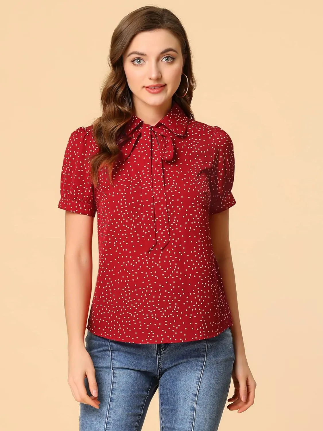 Allegra K Women's Retro Blouses Printed Bow Tie Peter Pan Collar Chiffon Blouse