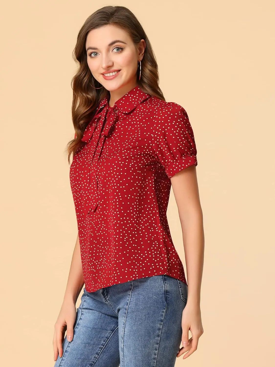 Allegra K Women's Retro Blouses Printed Bow Tie Peter Pan Collar Chiffon Blouse
