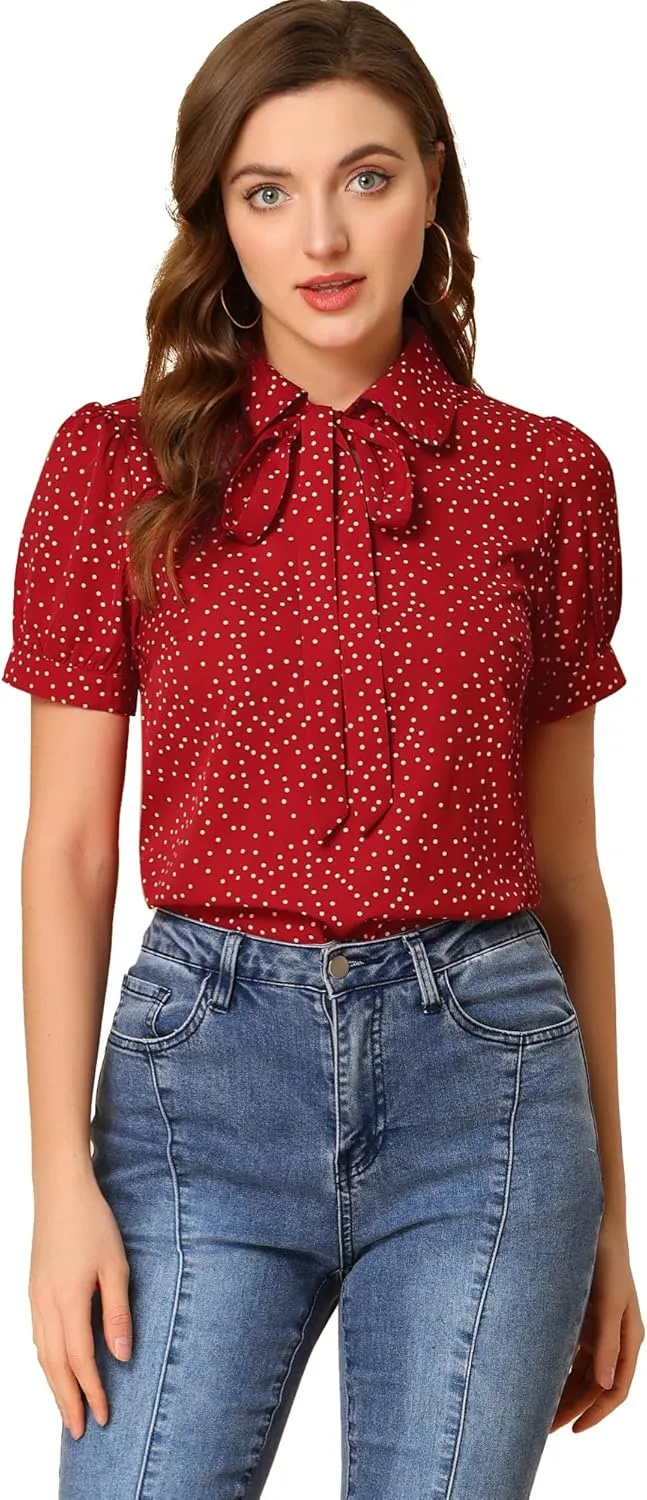 Allegra K Women's Retro Blouses Printed Bow Tie Peter Pan Collar Chiffon Blouse