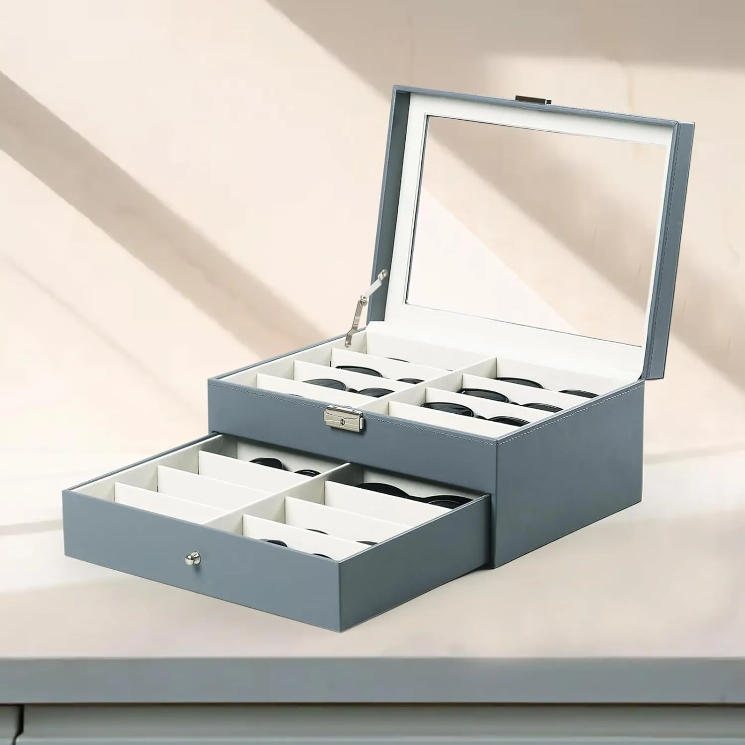 AUTOARK Leather 16 Piece Eyeglasses Storage and Sunglass Glasses Display Drawer Lockable Case Organizer,Light Blue,MKAW232