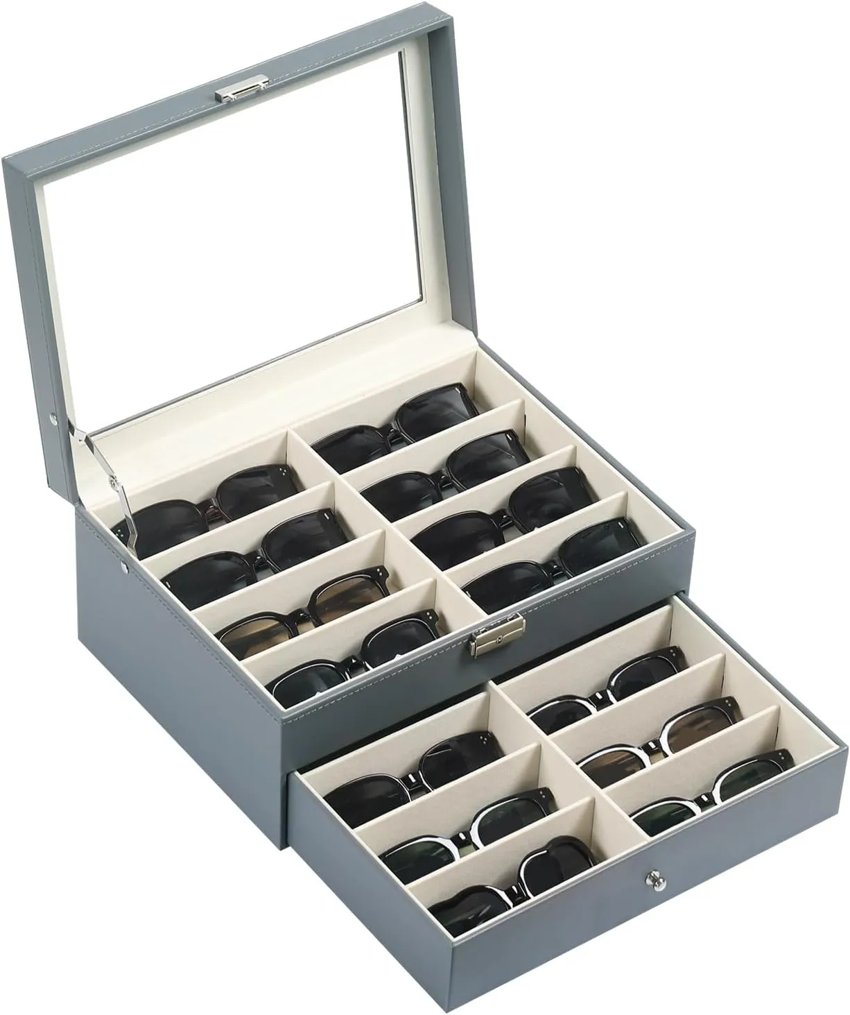 AUTOARK Leather 16 Piece Eyeglasses Storage and Sunglass Glasses Display Drawer Lockable Case Organizer,Light Blue,MKAW232