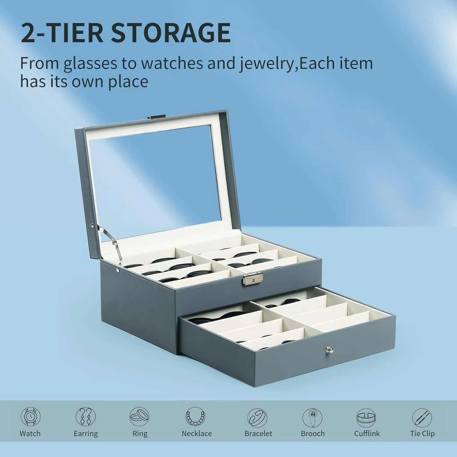 AUTOARK Leather 16 Piece Eyeglasses Storage and Sunglass Glasses Display Drawer Lockable Case Organizer,Light Blue,MKAW232