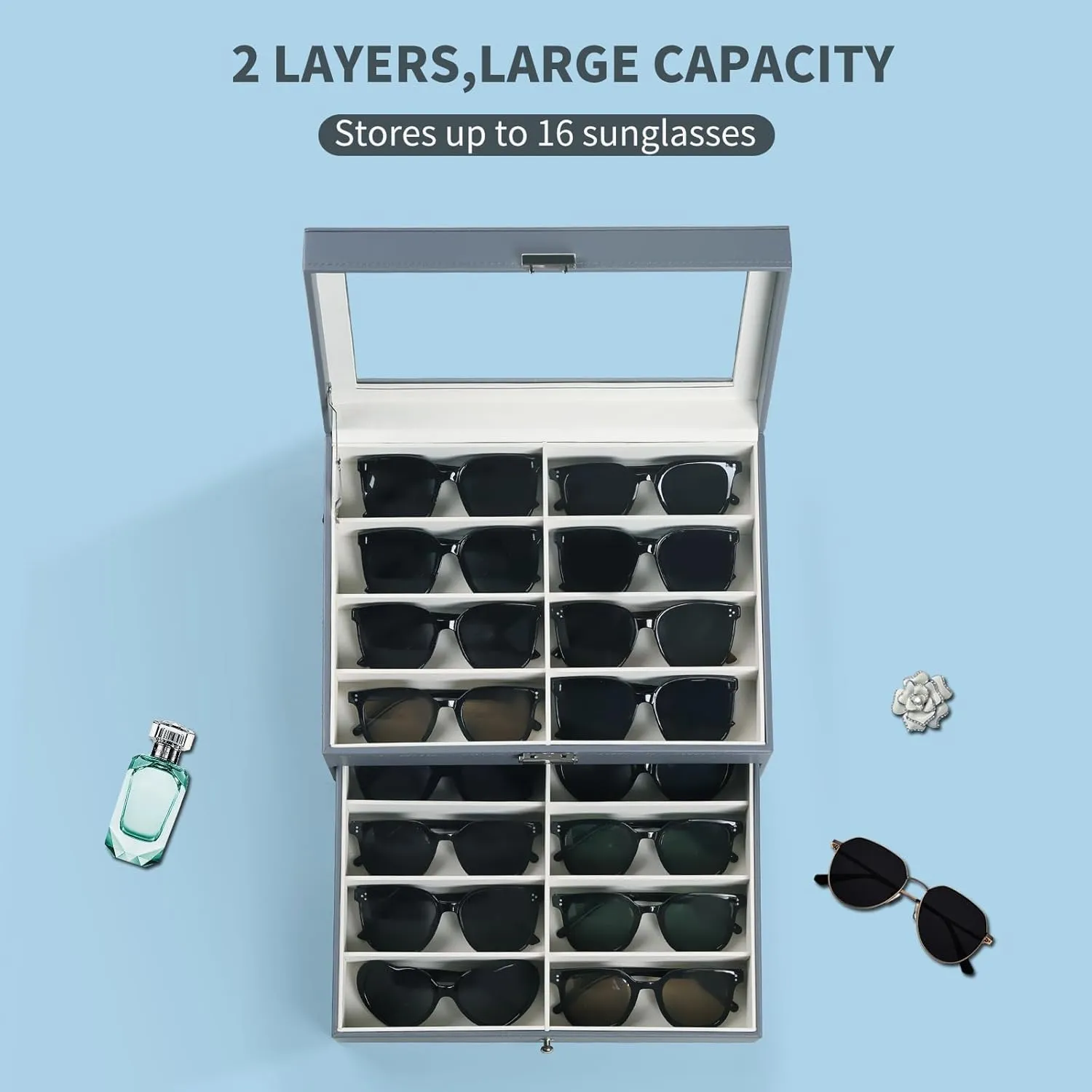AUTOARK Leather 16 Piece Eyeglasses Storage and Sunglass Glasses Display Drawer Lockable Case Organizer,Light Blue,MKAW232