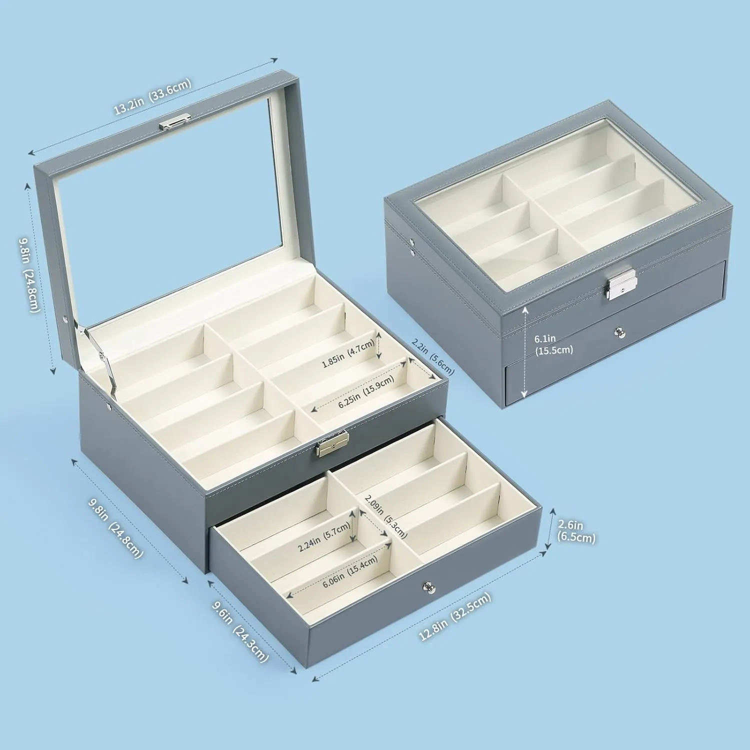 AUTOARK Leather 16 Piece Eyeglasses Storage and Sunglass Glasses Display Drawer Lockable Case Organizer,Light Blue,MKAW232