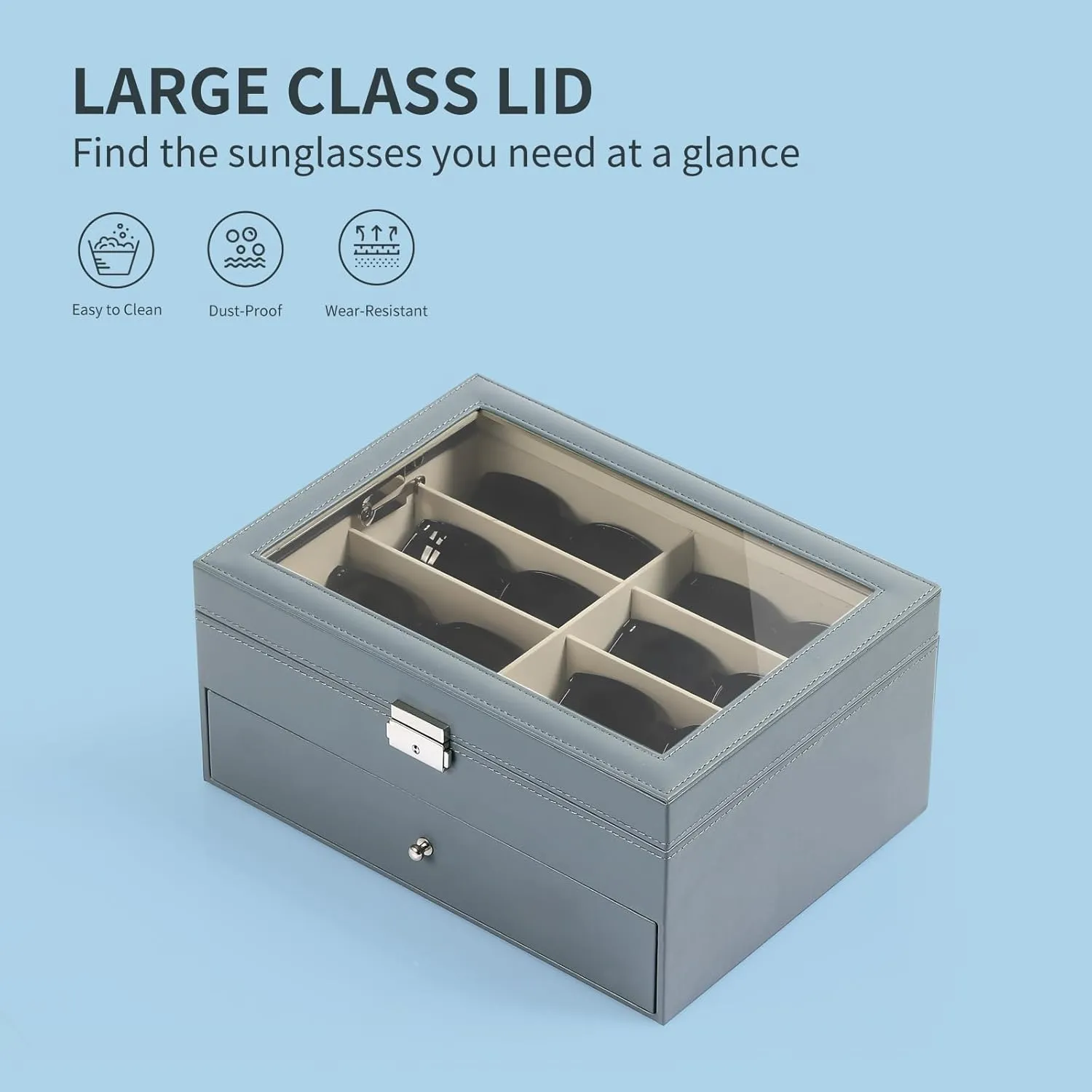 AUTOARK Leather 16 Piece Eyeglasses Storage and Sunglass Glasses Display Drawer Lockable Case Organizer,Light Blue,MKAW232