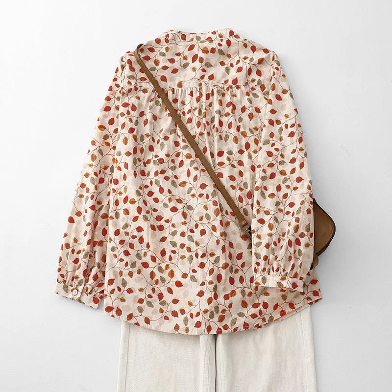Babakud Women Autumn Retro Loose Printed Floral Cotton Linen Shirt