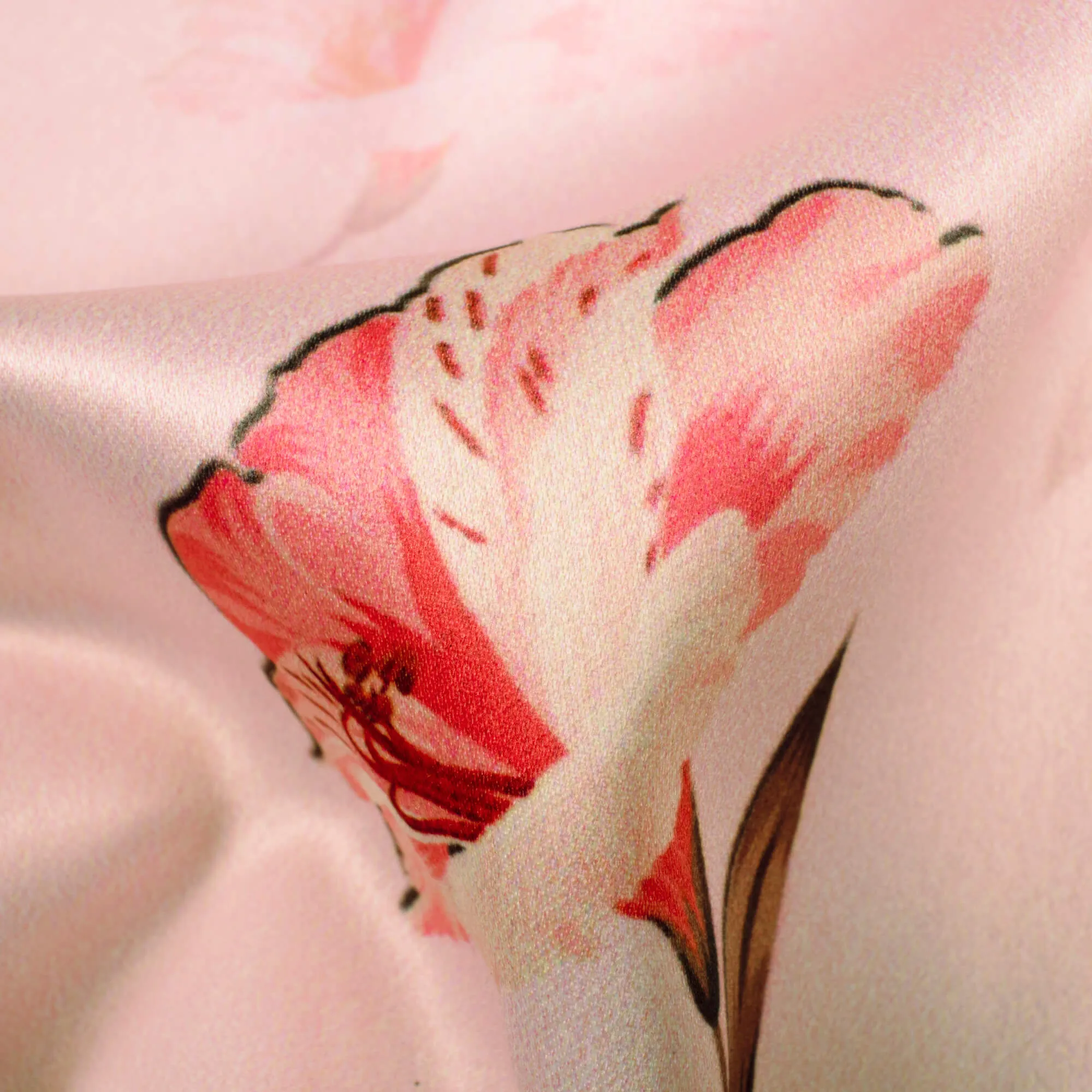 Baby Pink Floral Pattern Digital Print Charmeuse Satin Fabric (Width 58 Inches)