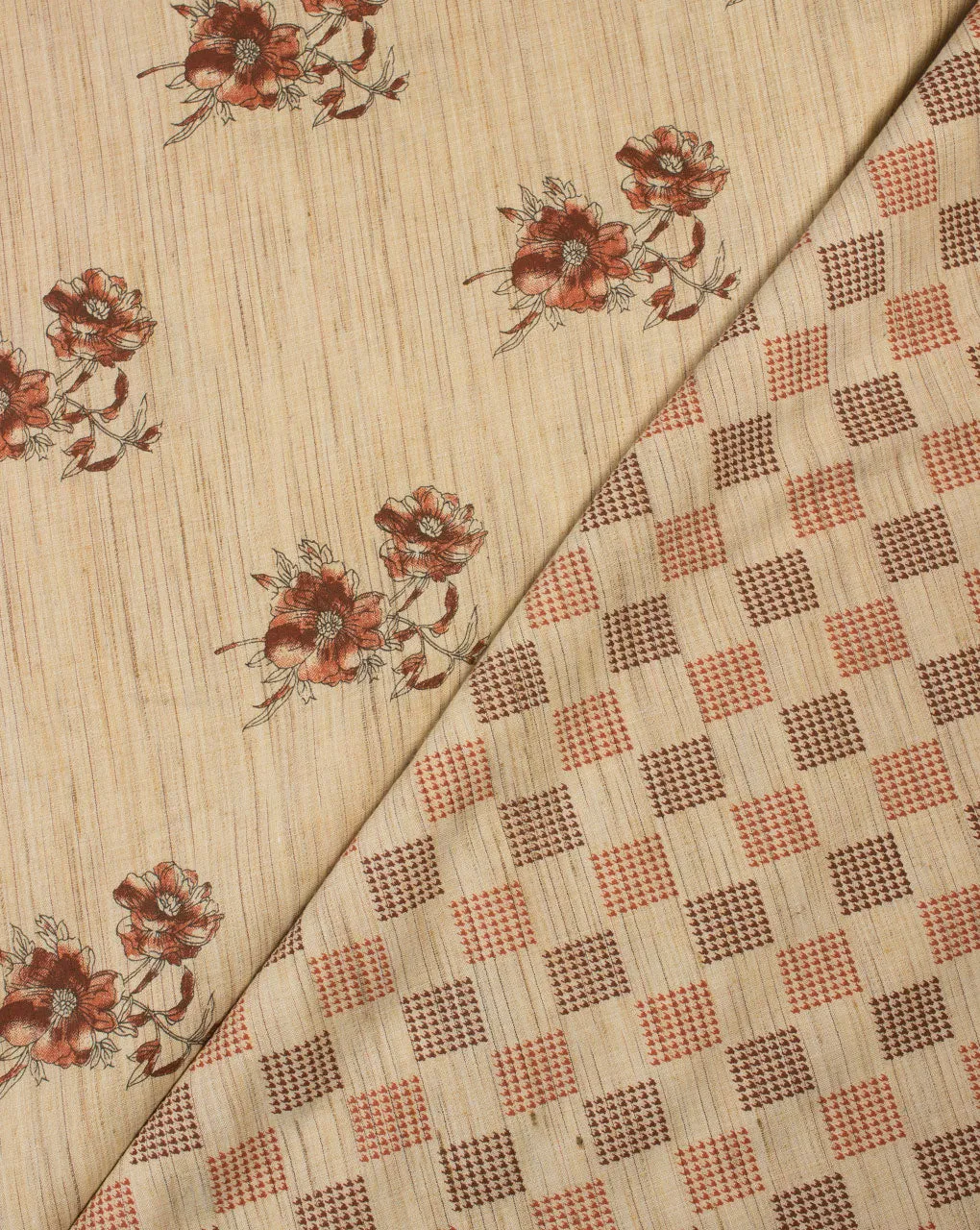 Beige Red Floral Woven Loom Textured Foil Screen Print Cotton Fabric