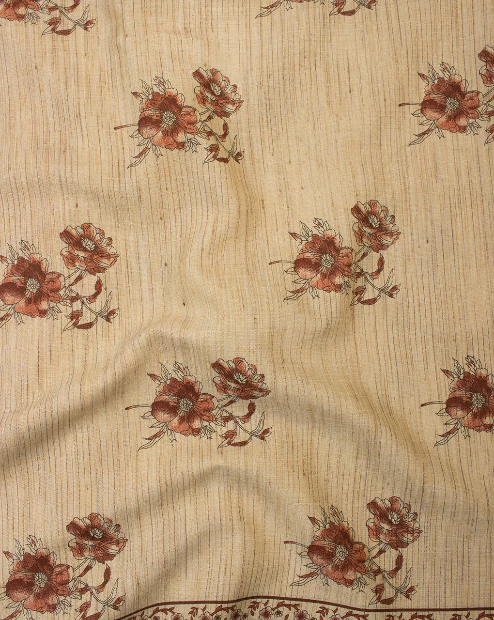 Beige Red Floral Woven Loom Textured Foil Screen Print Cotton Fabric