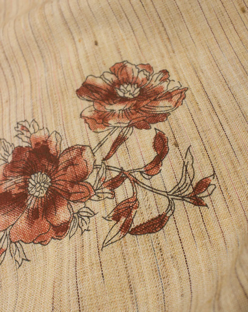 Beige Red Floral Woven Loom Textured Foil Screen Print Cotton Fabric
