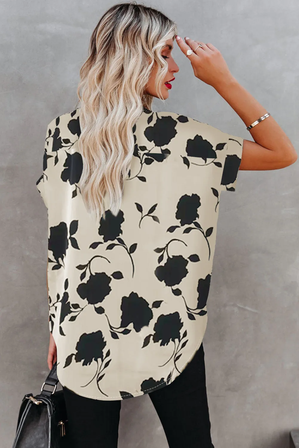 BerryBetty - Apricot Floral Printed Short Sleeve Blouse