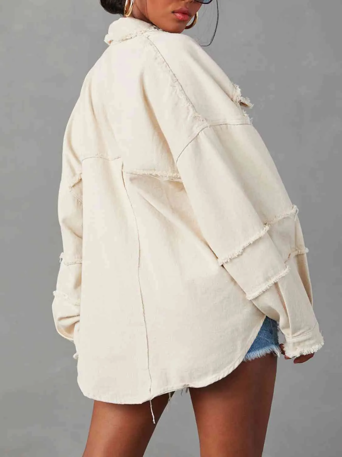 BerryBetty - Button Down Raw Hem Denim Long Sleeve Top Jacket