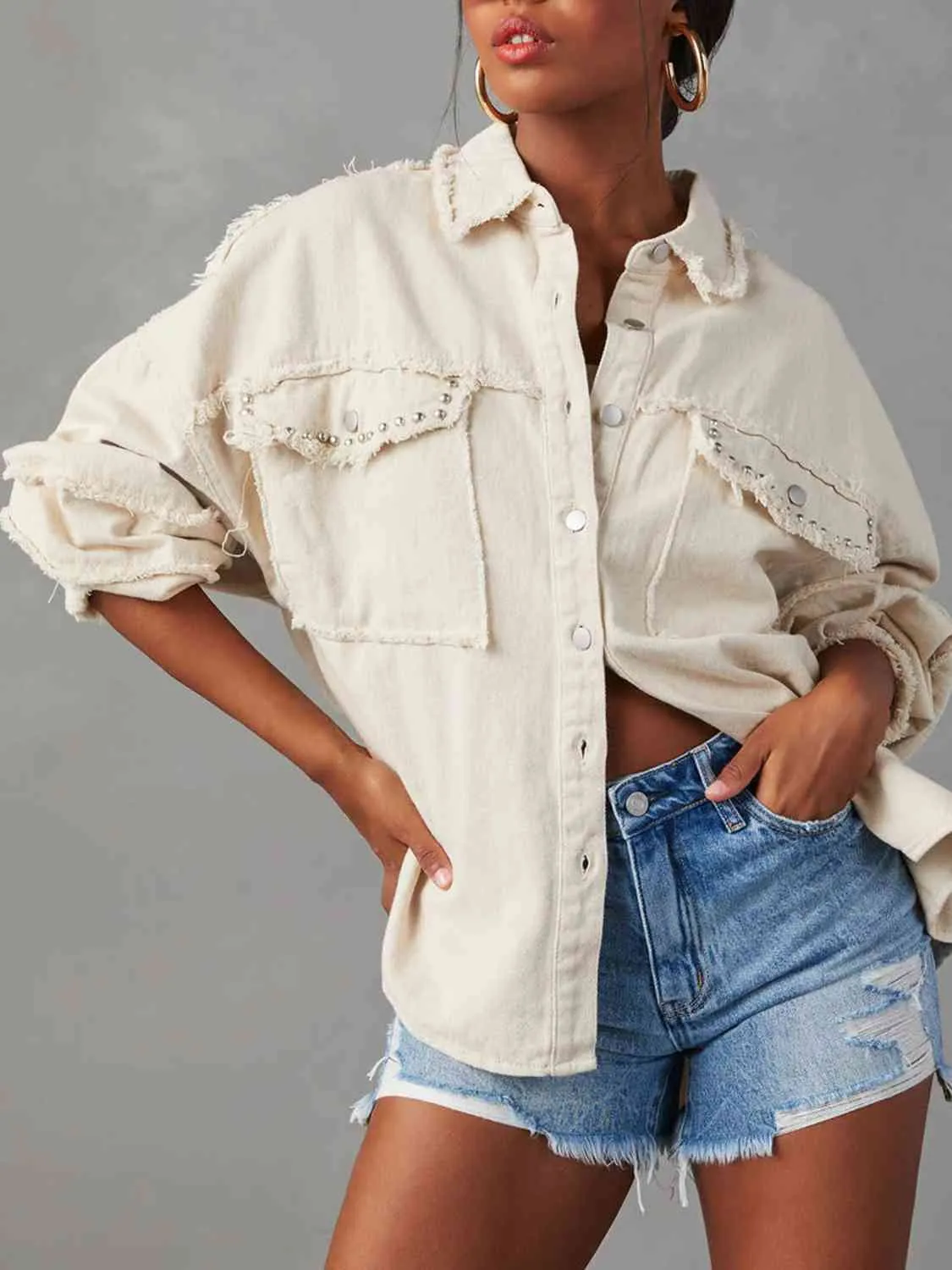 BerryBetty - Button Down Raw Hem Denim Long Sleeve Top Jacket