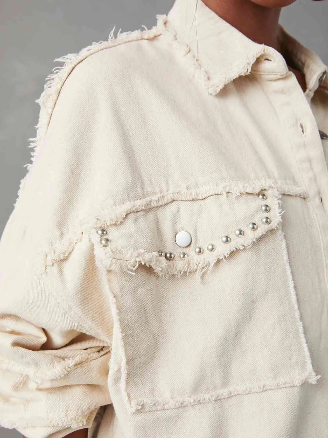 BerryBetty - Button Down Raw Hem Denim Long Sleeve Top Jacket