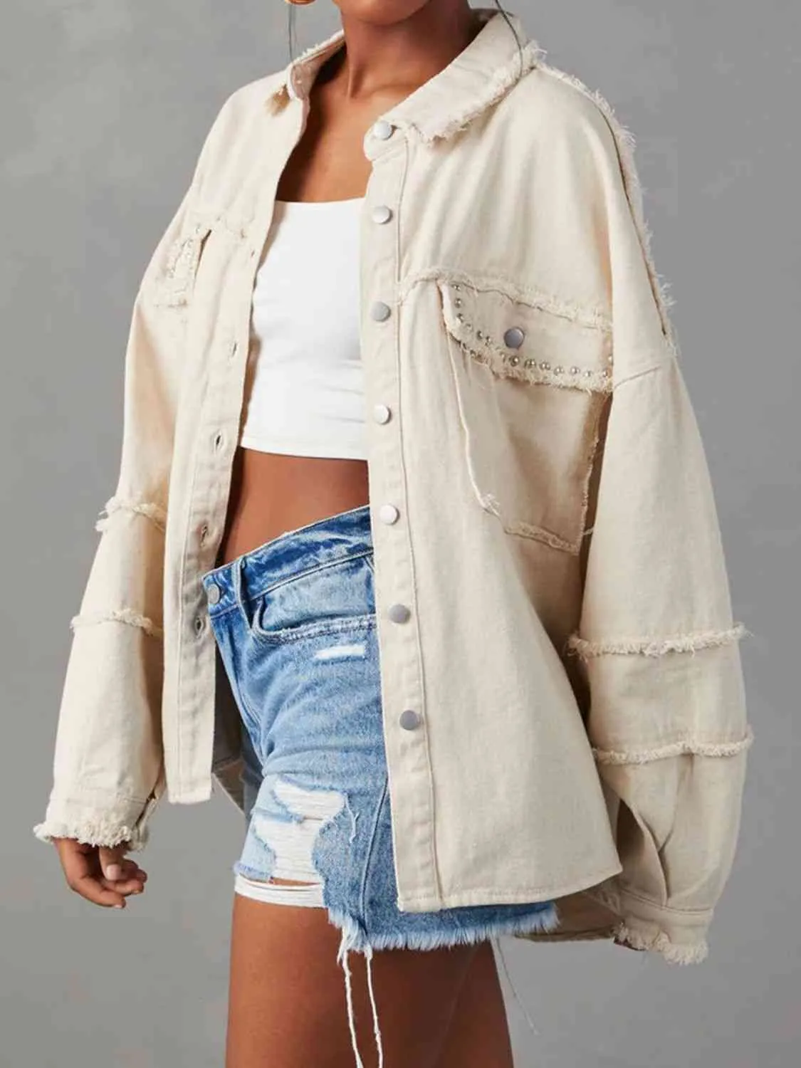 BerryBetty - Button Down Raw Hem Denim Long Sleeve Top Jacket