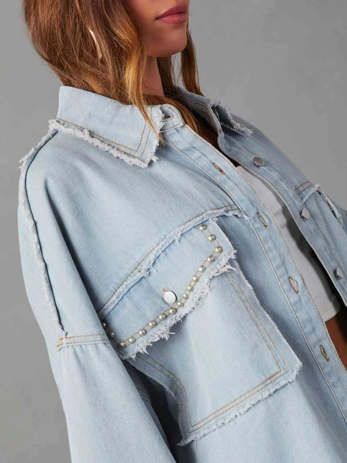 BerryBetty - Button Down Raw Hem Denim Long Sleeve Top Jacket