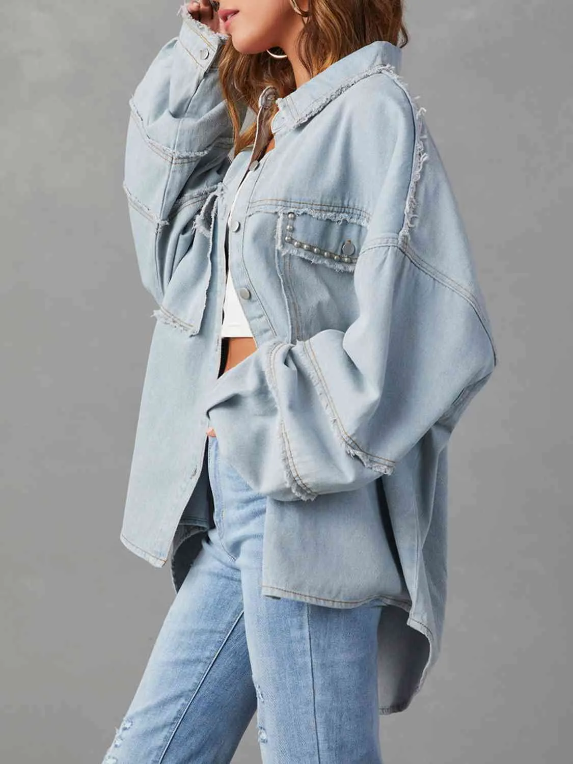 BerryBetty - Button Down Raw Hem Denim Long Sleeve Top Jacket