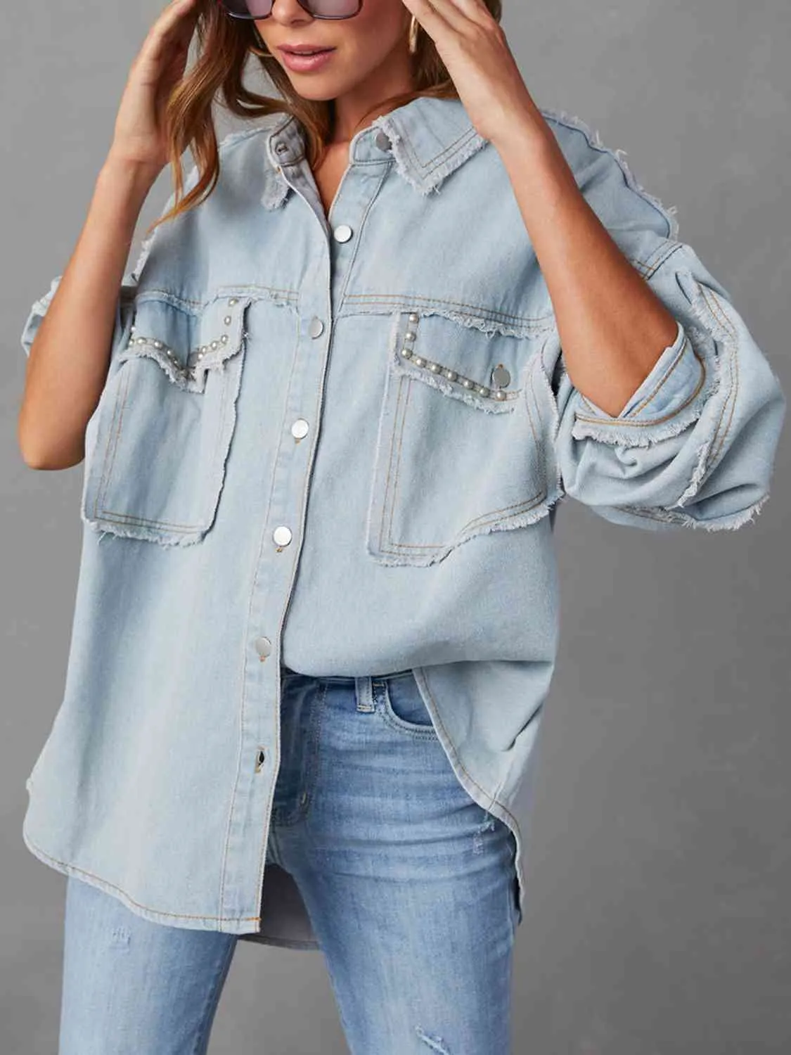 BerryBetty - Button Down Raw Hem Denim Long Sleeve Top Jacket