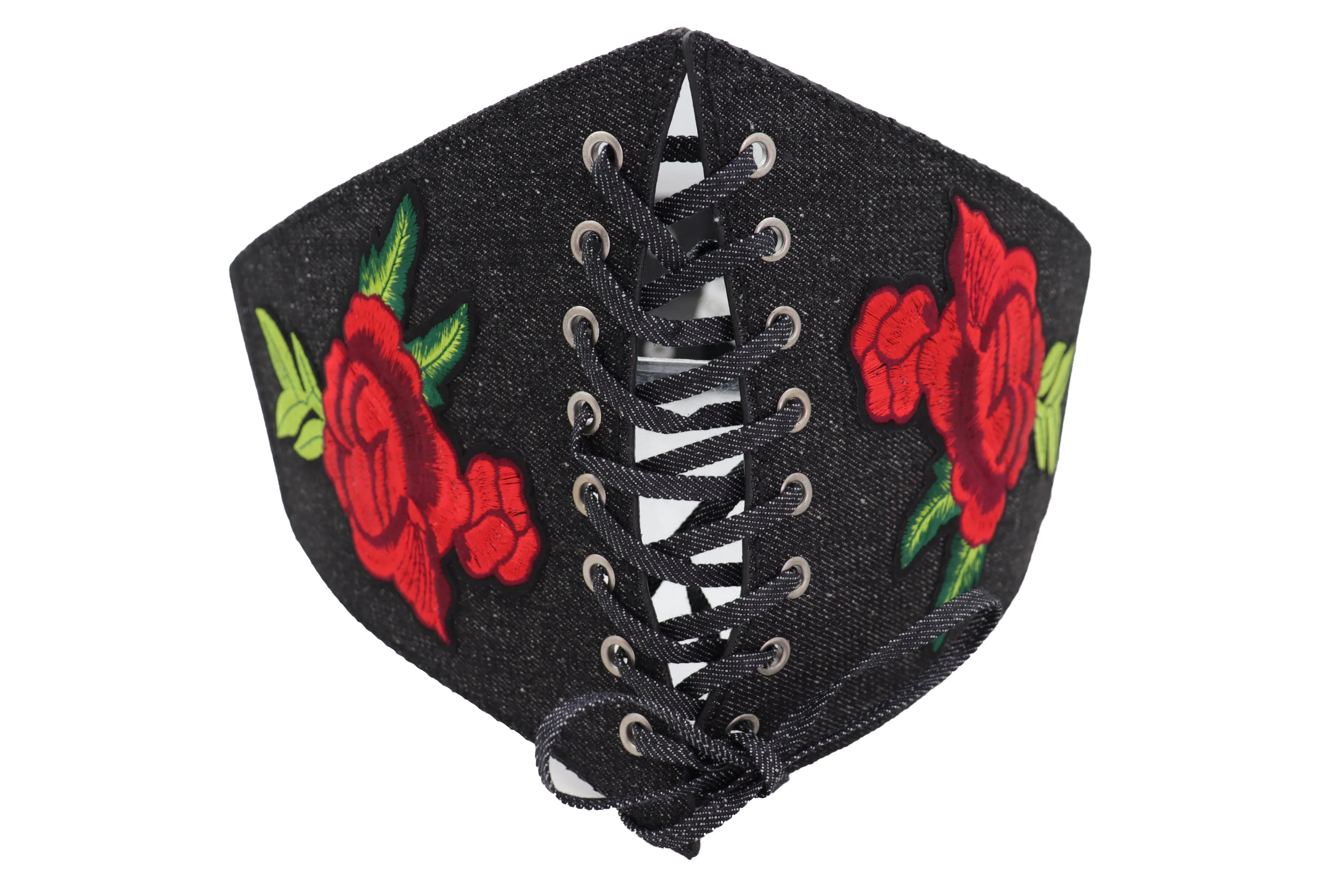 Black Denim High Waist Corset Elastic Band Belt Red Rose Flower Size S M