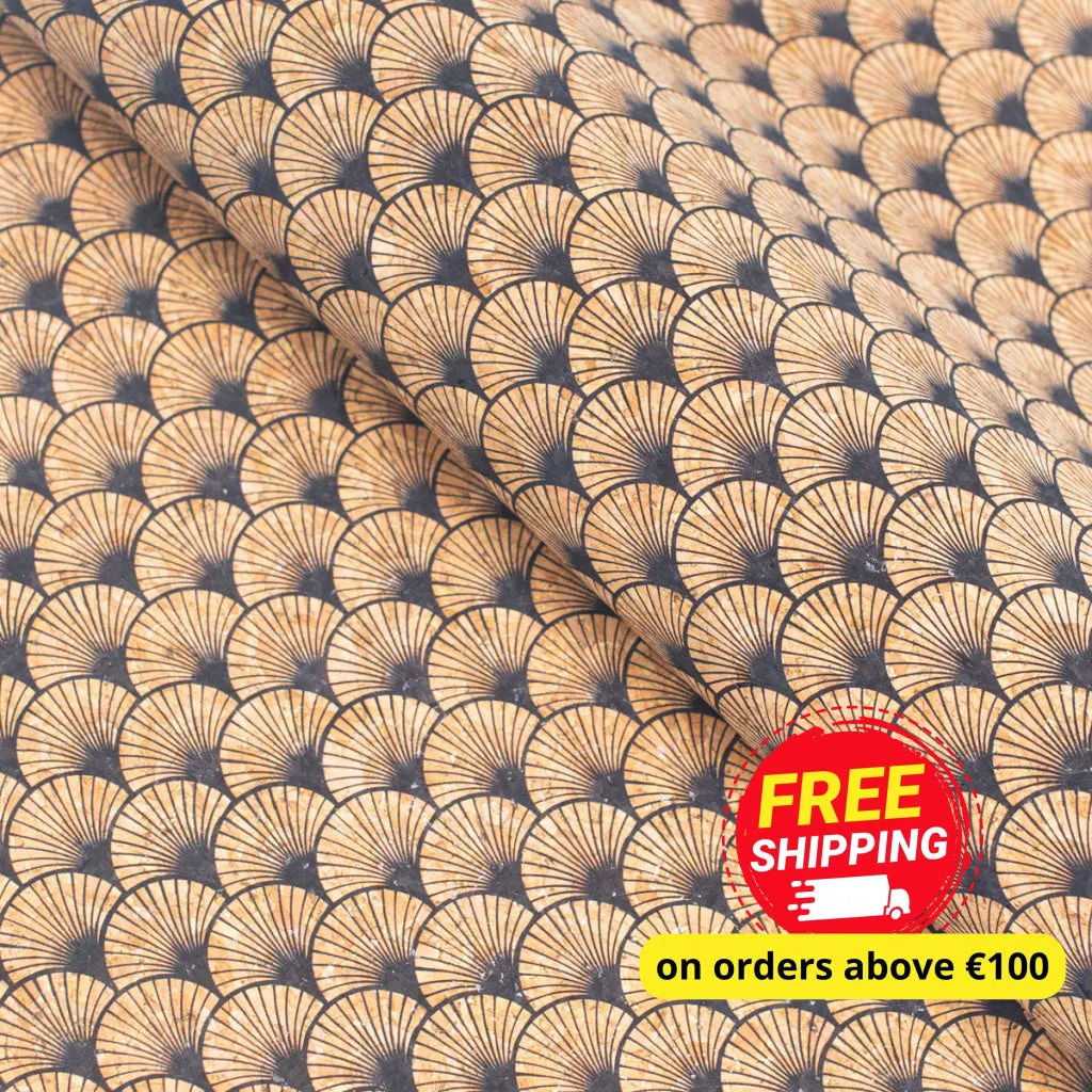 Black fan leaf patterned Cork Fabric COF-415-A