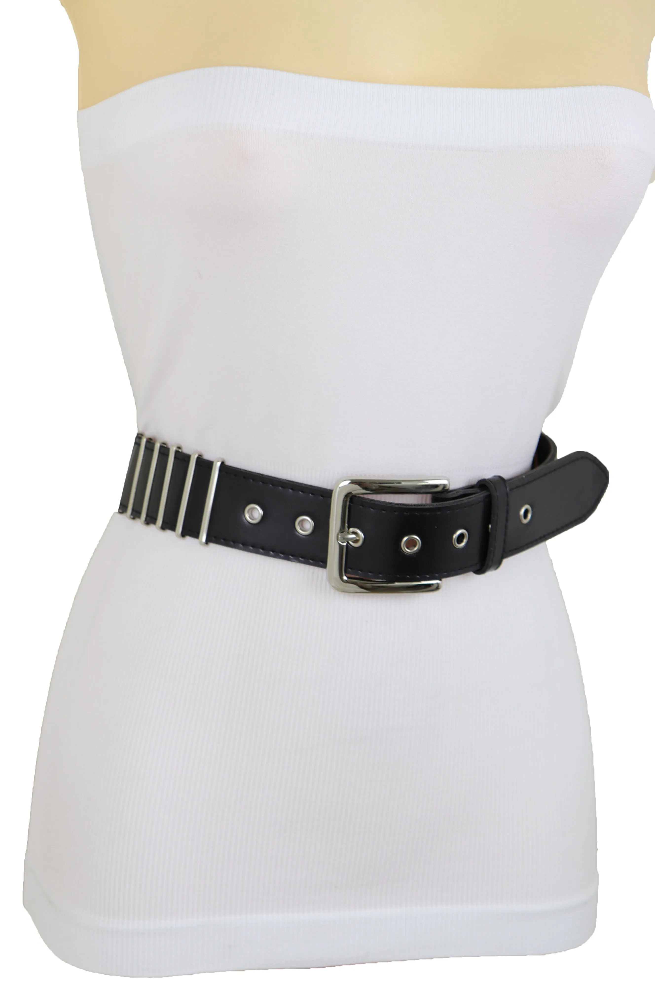 Black Faux Leather Biker Rocker Fashion Hip Belt Silver Metal Stripe Fit Size M