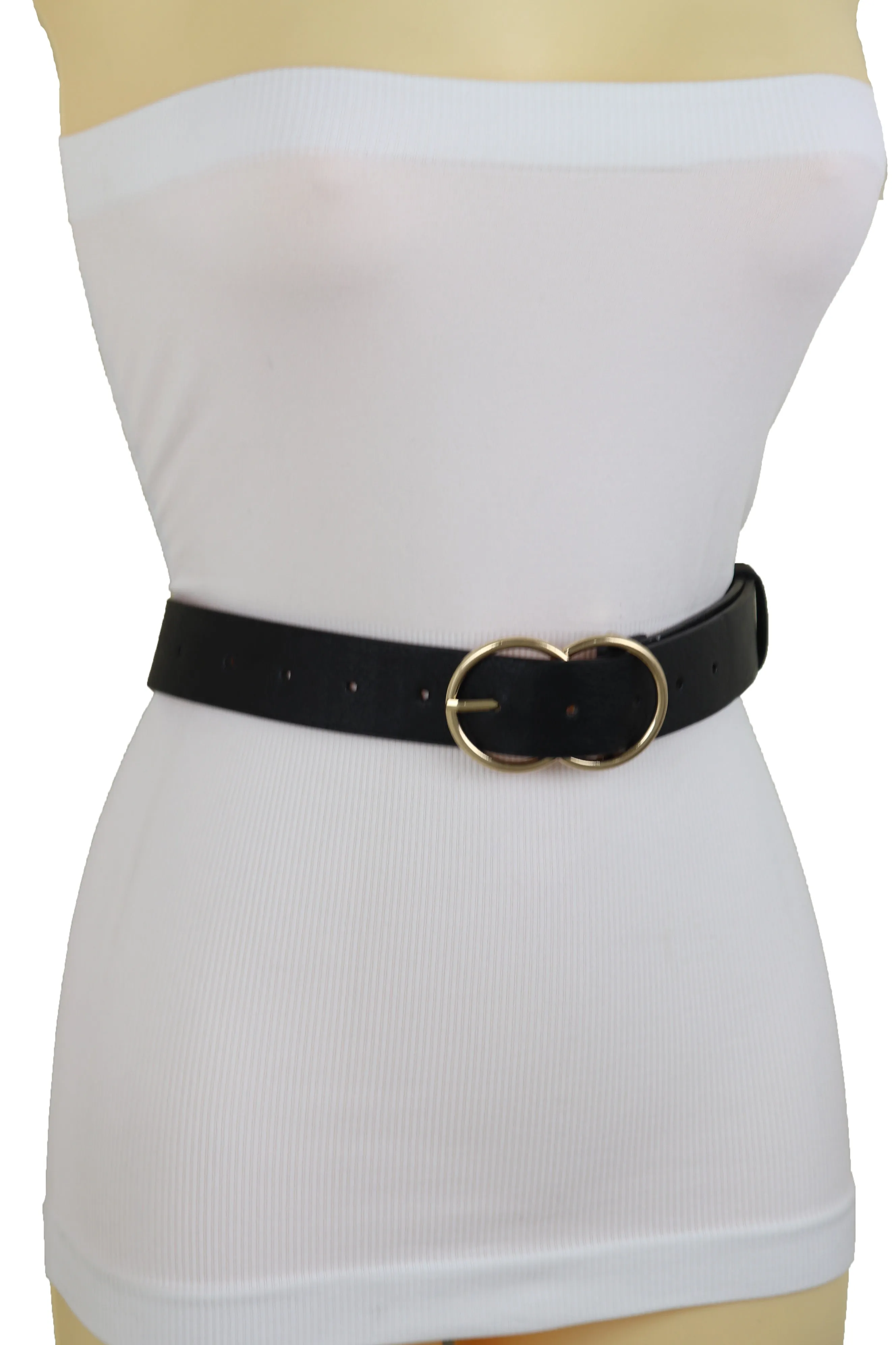 Black Faux Leather Fashion Belt Dressy Fancy Gold Buckle Plus Size L XL