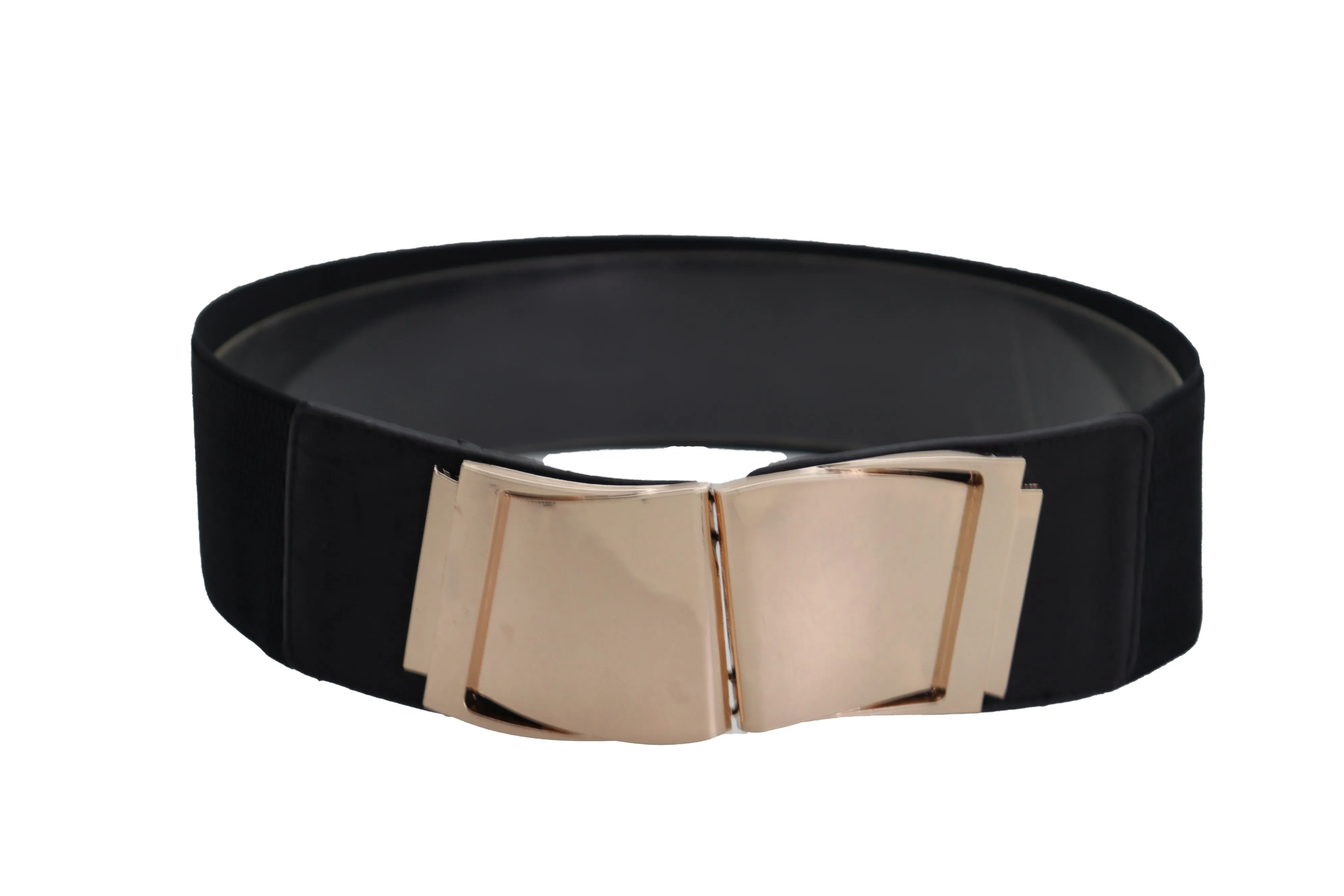Black Faux Leather Stretch Waistband Hip High Waisted Belt Gold Wave Buckle S M