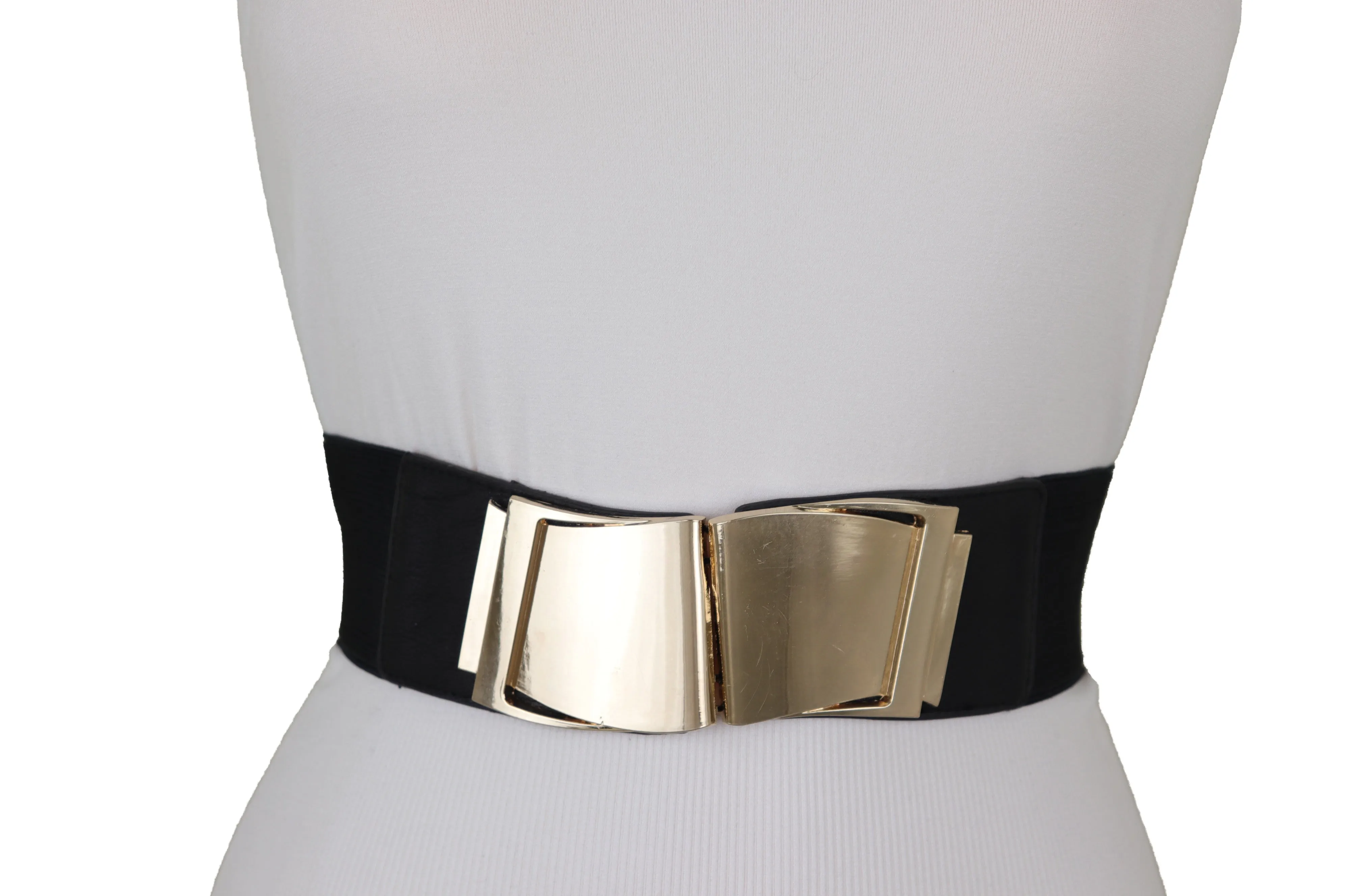 Black Faux Leather Stretch Waistband Hip High Waisted Belt Gold Wave Buckle S M