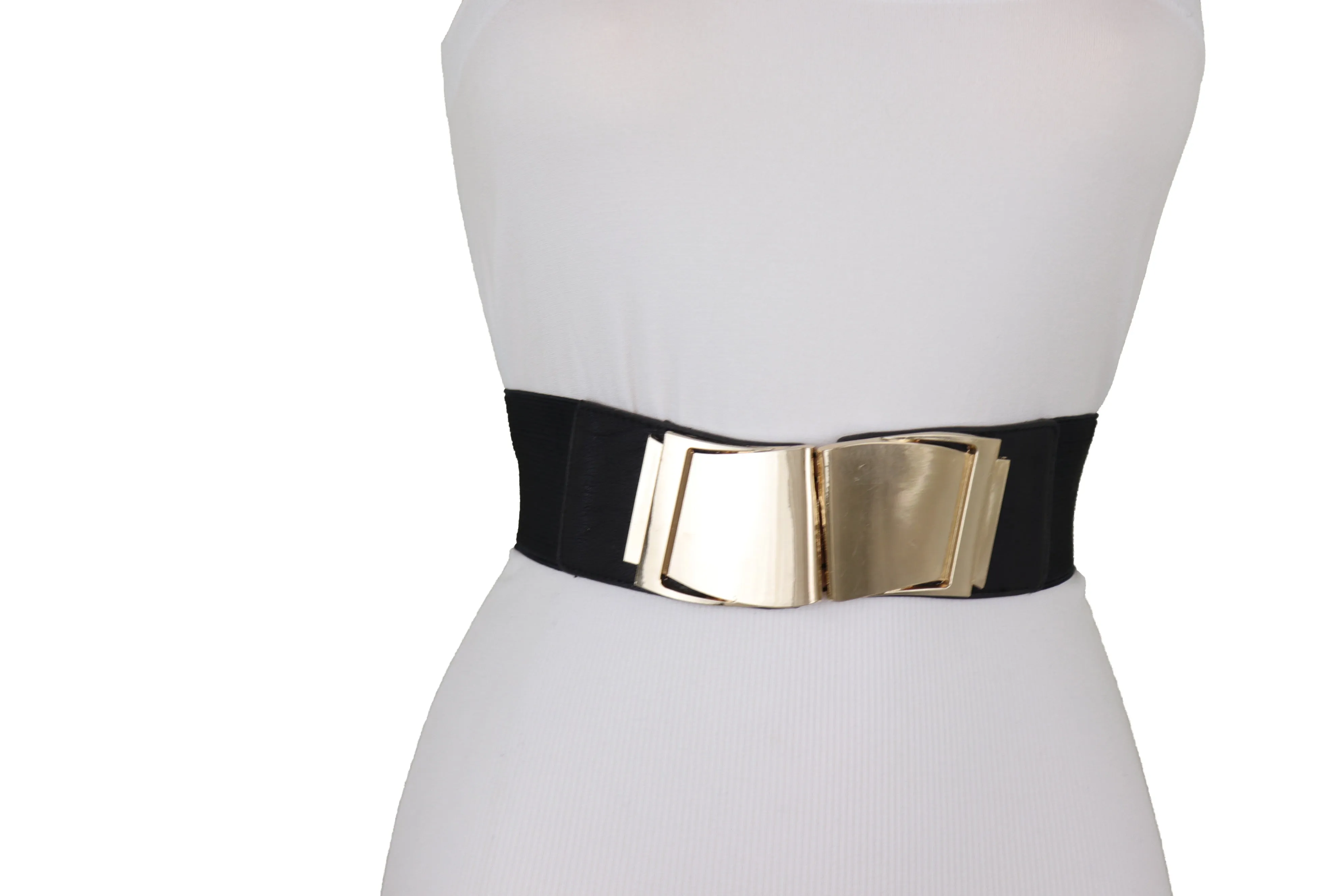 Black Faux Leather Stretch Waistband Hip High Waisted Belt Gold Wave Buckle S M