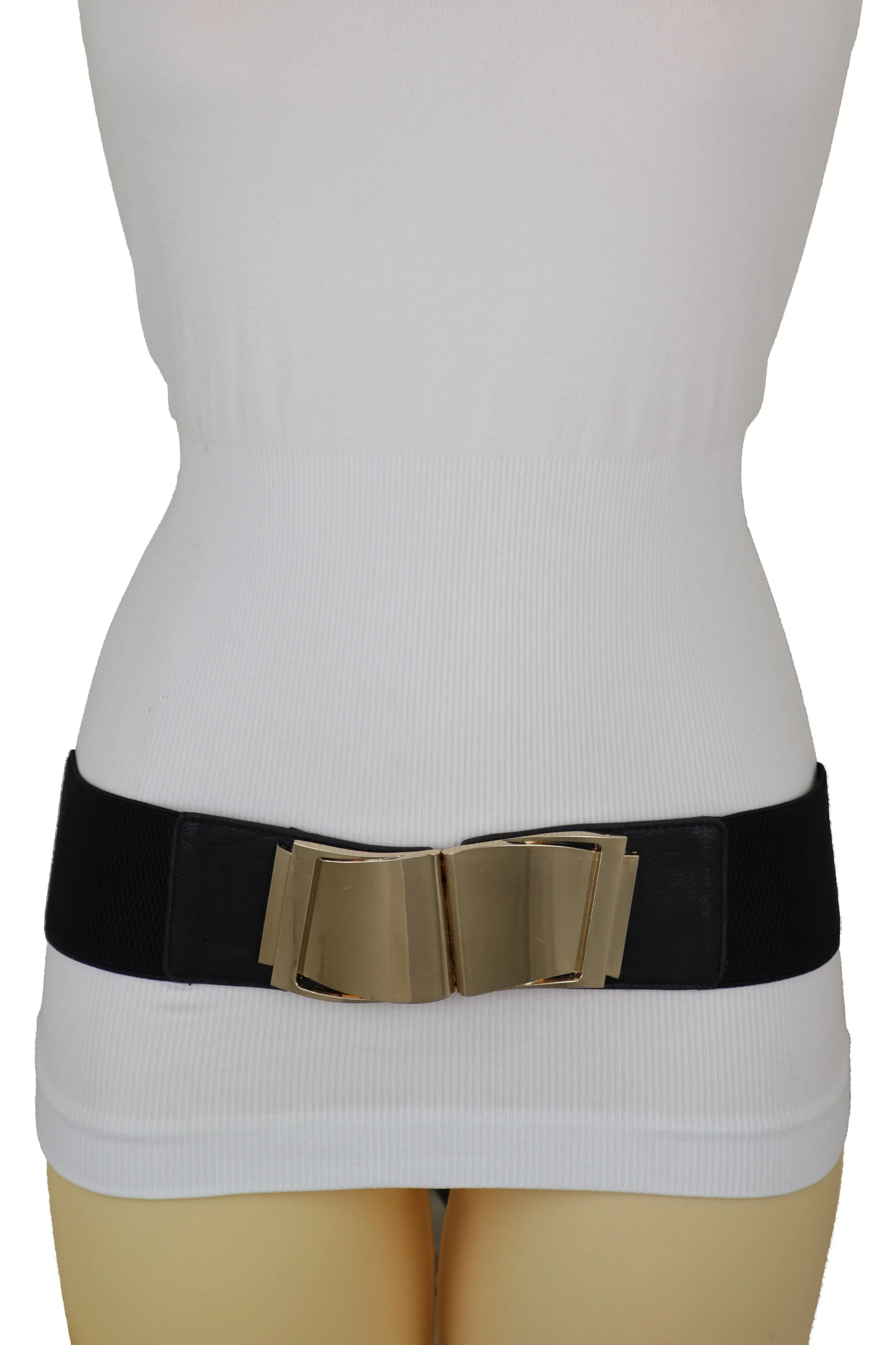 Black Faux Leather Stretch Waistband Hip High Waisted Belt Gold Wave Buckle S M