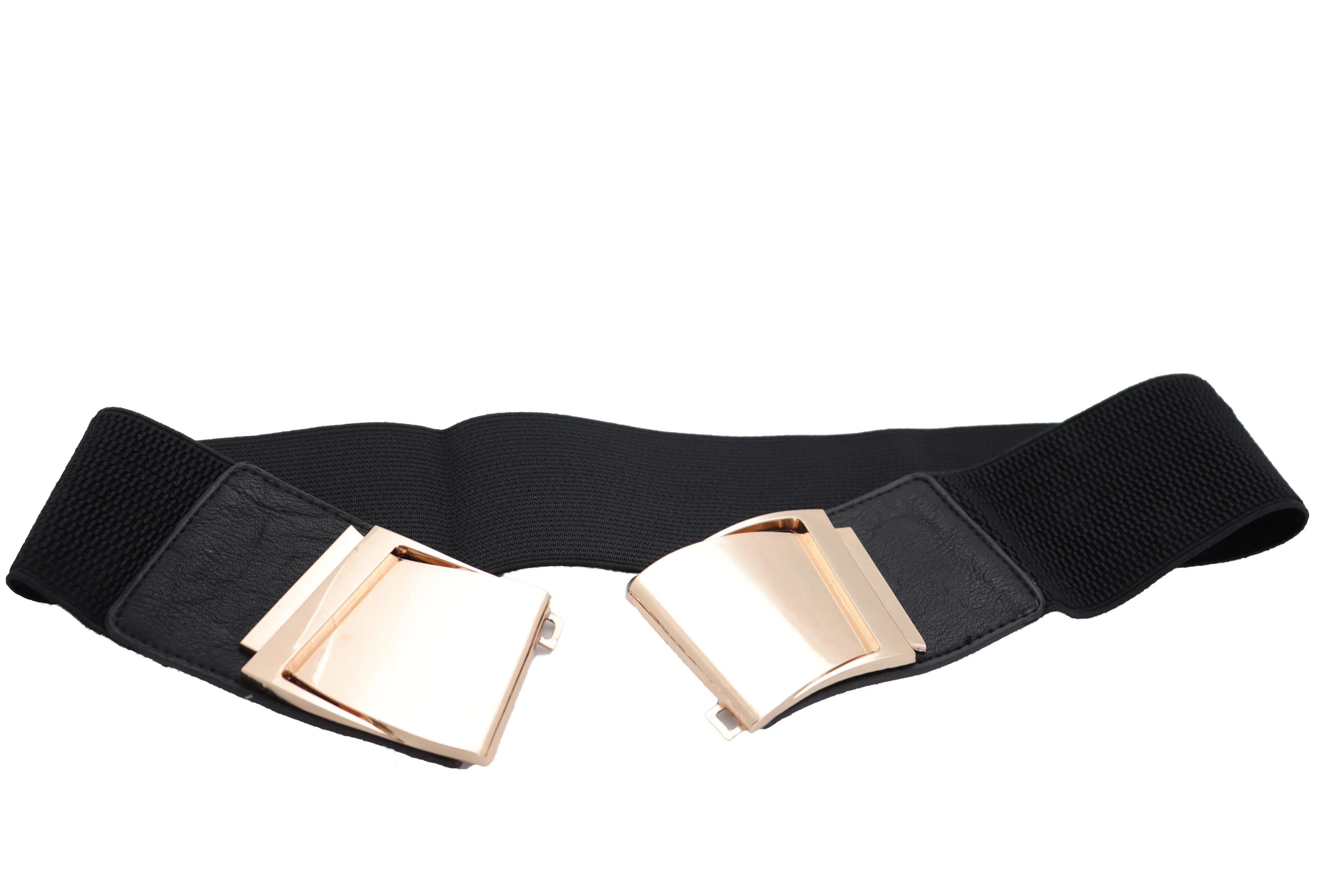 Black Faux Leather Stretch Waistband Hip High Waisted Belt Gold Wave Buckle S M