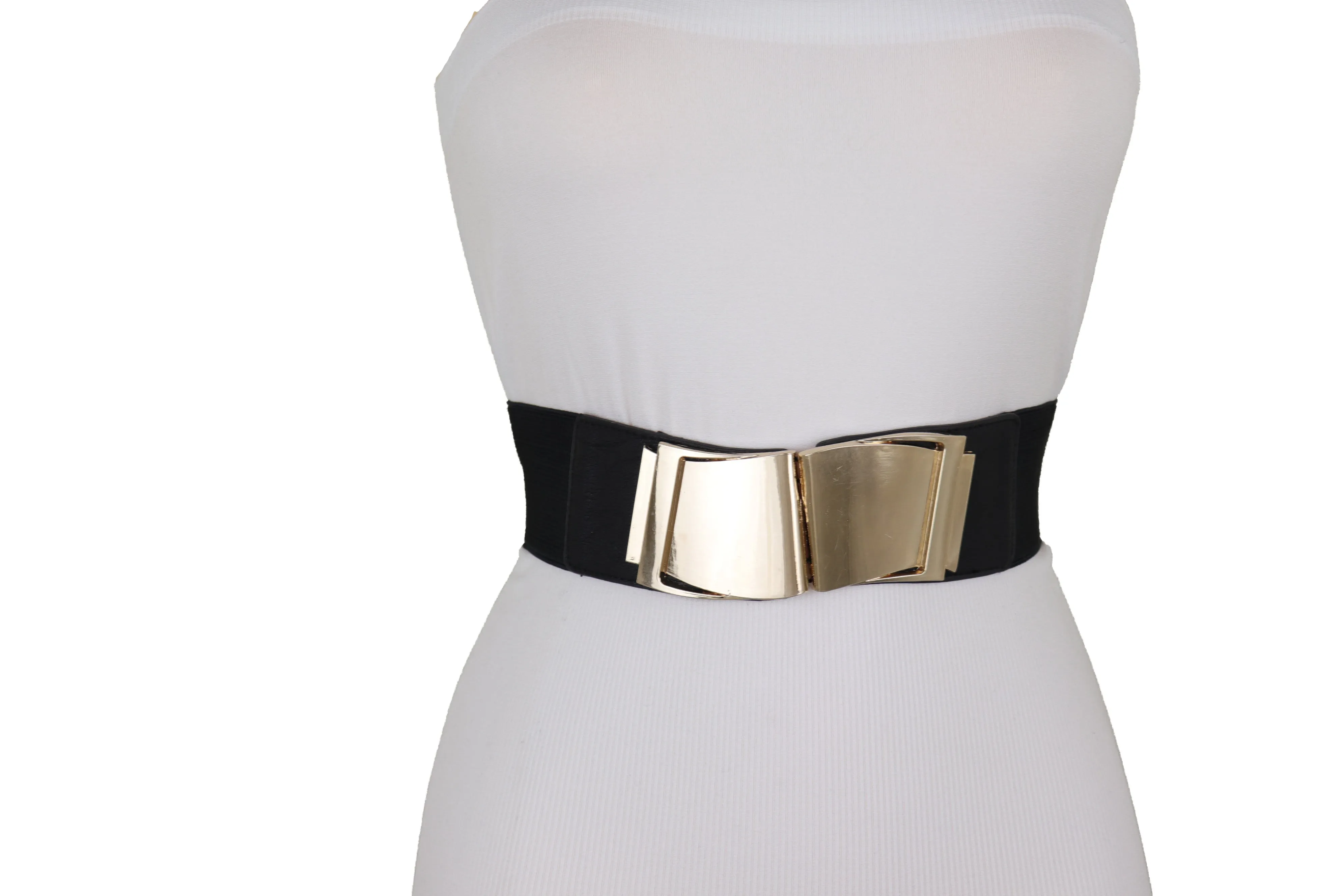 Black Faux Leather Stretch Waistband Hip High Waisted Belt Gold Wave Buckle S M