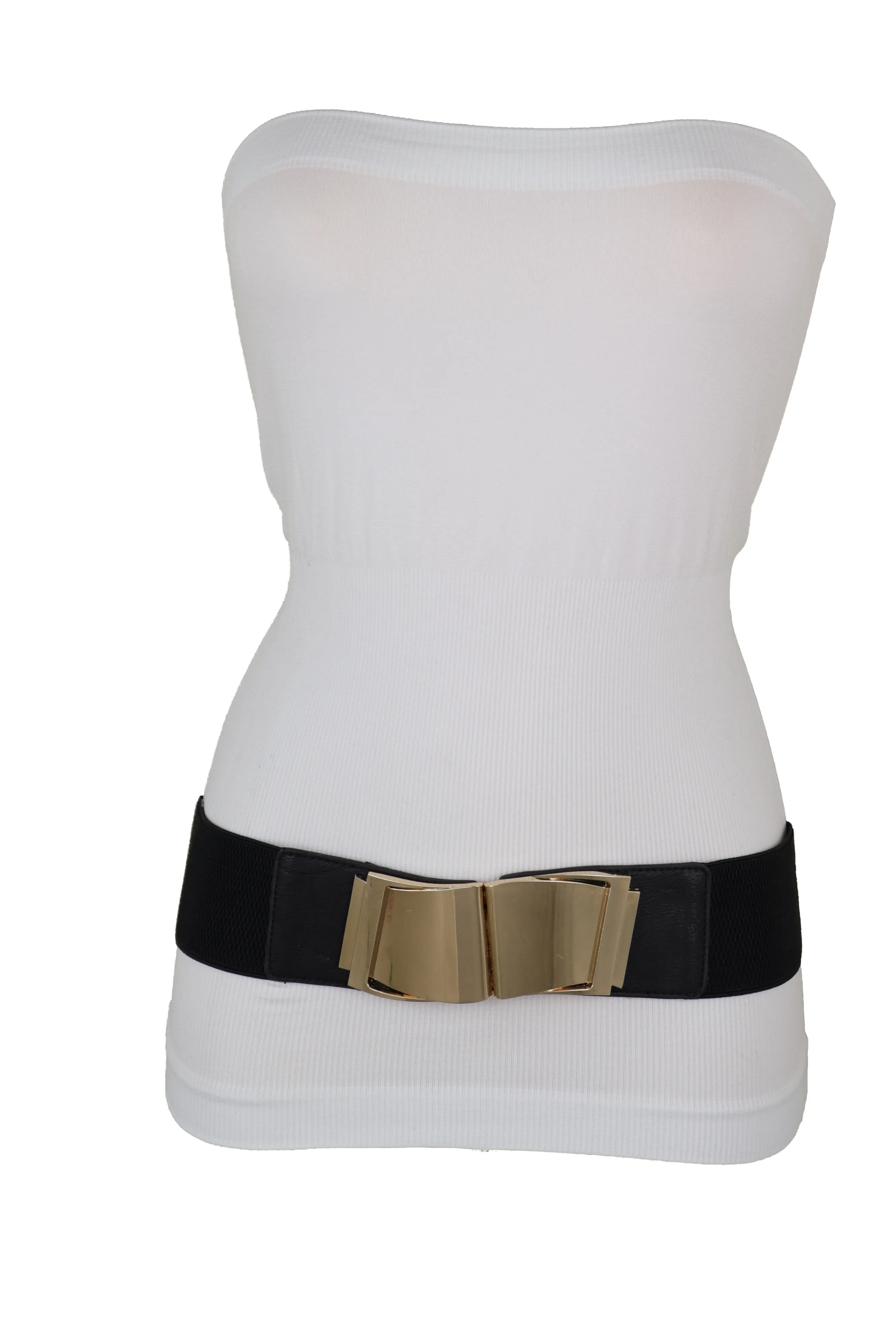 Black Faux Leather Stretch Waistband Hip High Waisted Belt Gold Wave Buckle S M