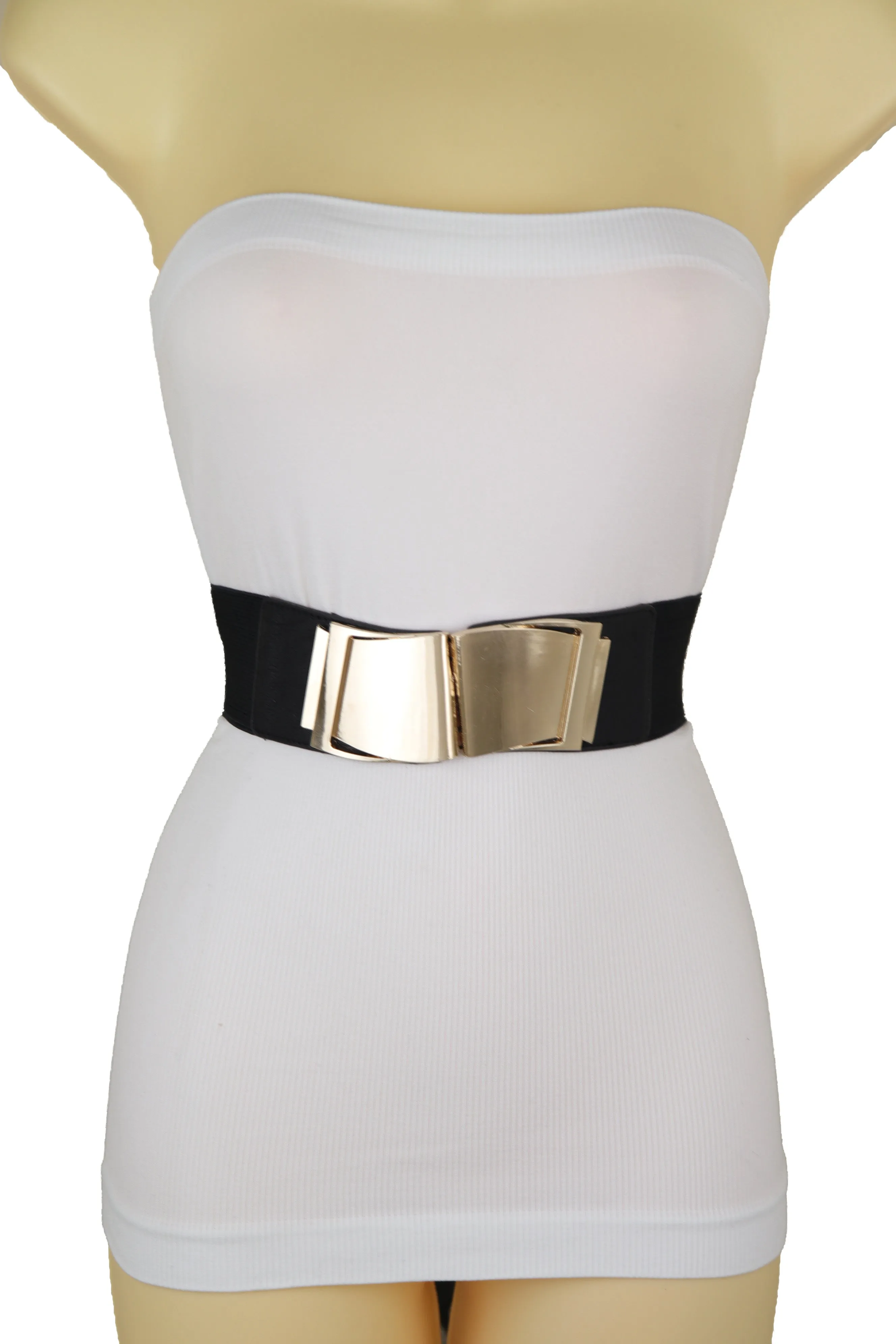 Black Faux Leather Stretch Waistband Hip High Waisted Belt Gold Wave Buckle S M