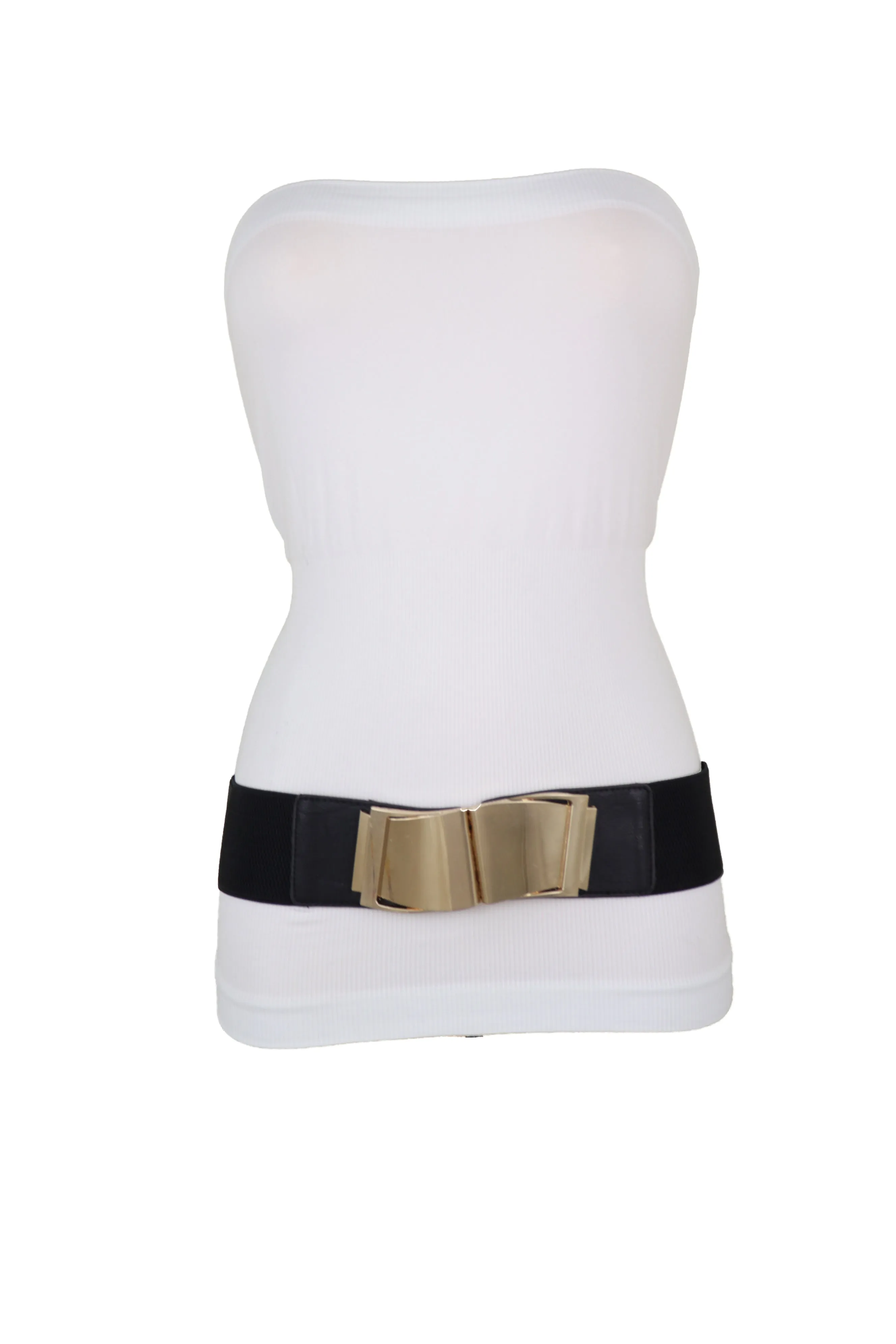 Black Faux Leather Stretch Waistband Hip High Waisted Belt Gold Wave Buckle S M