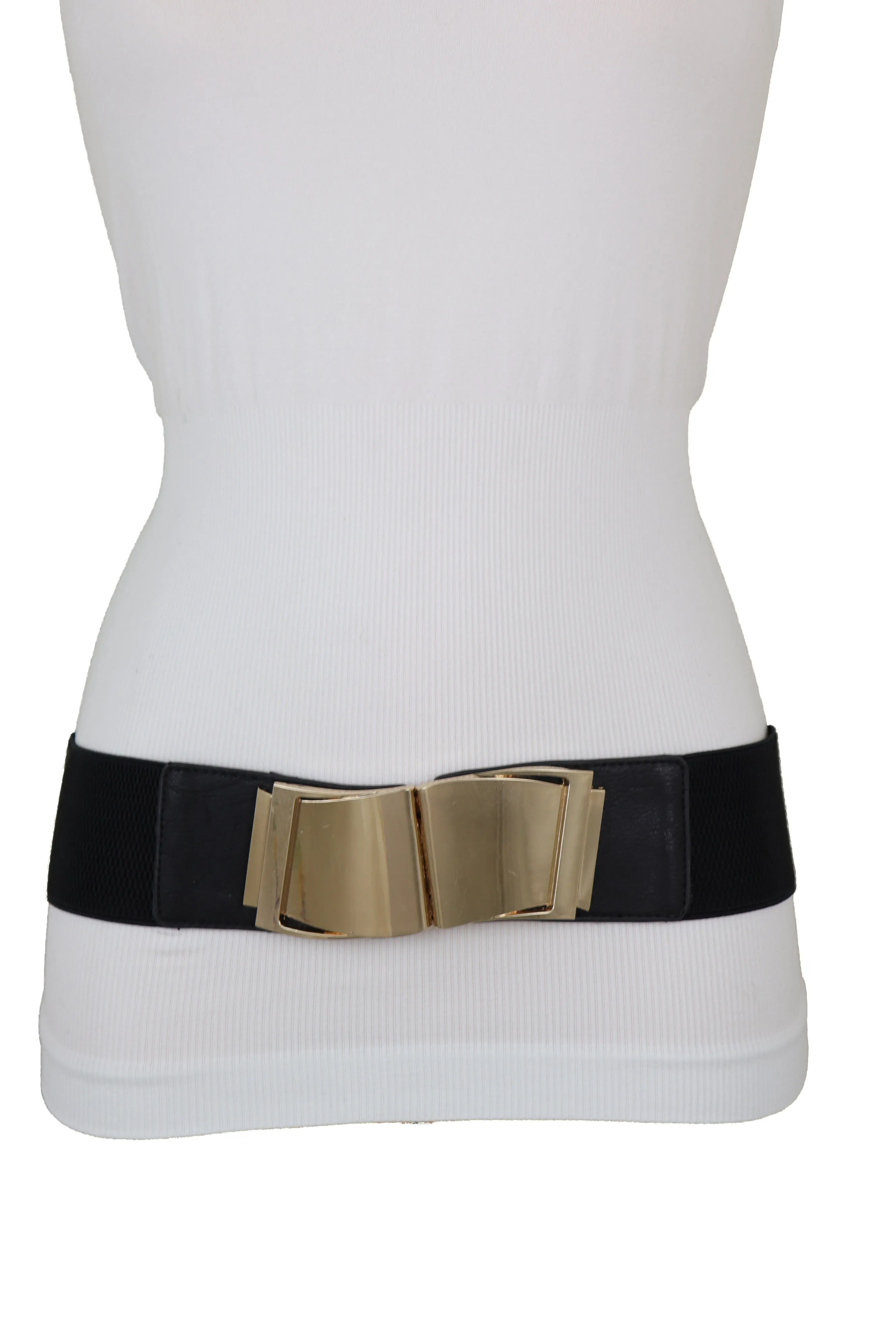 Black Faux Leather Stretch Waistband Hip High Waisted Belt Gold Wave Buckle S M