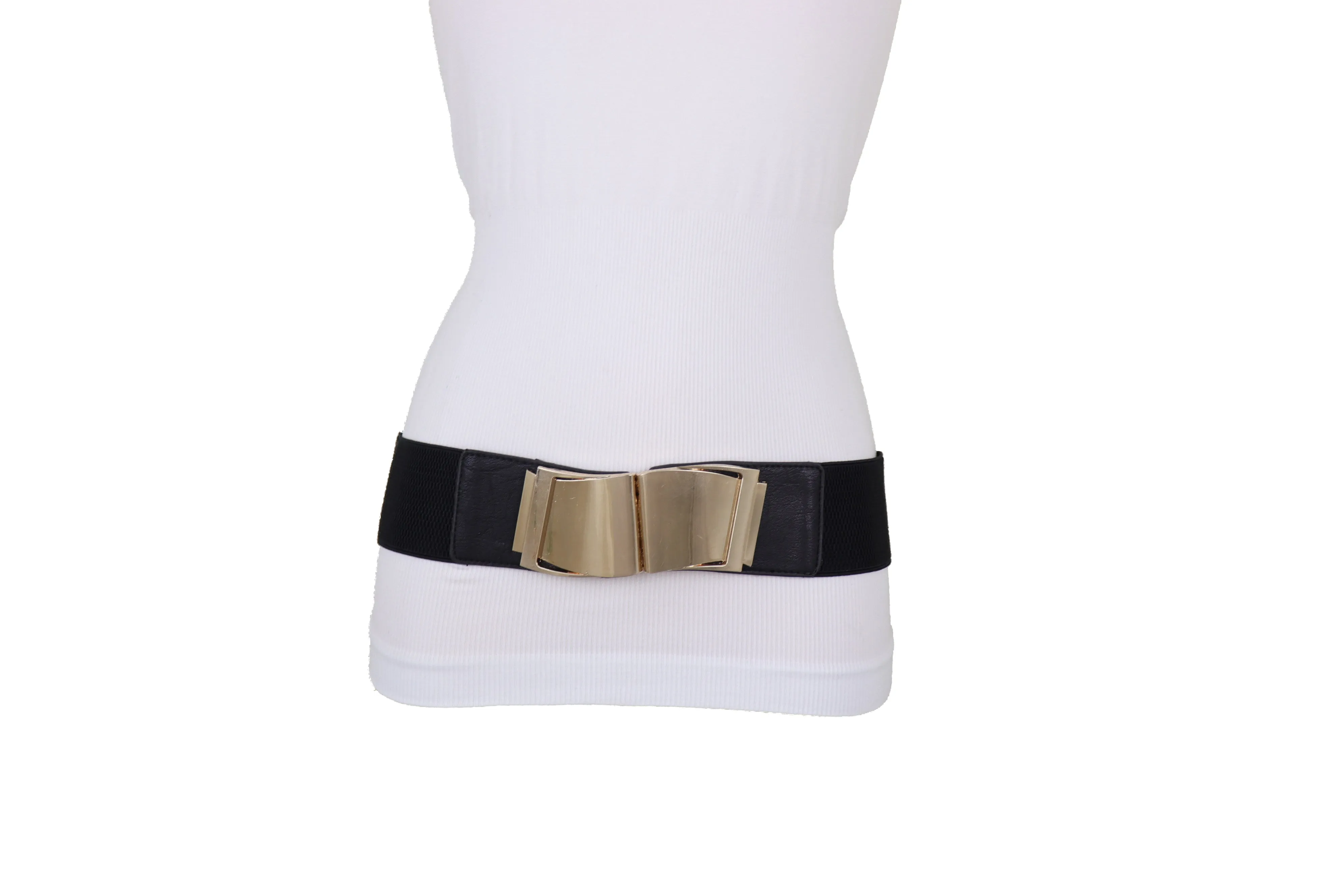 Black Faux Leather Stretch Waistband Hip High Waisted Belt Gold Wave Buckle S M