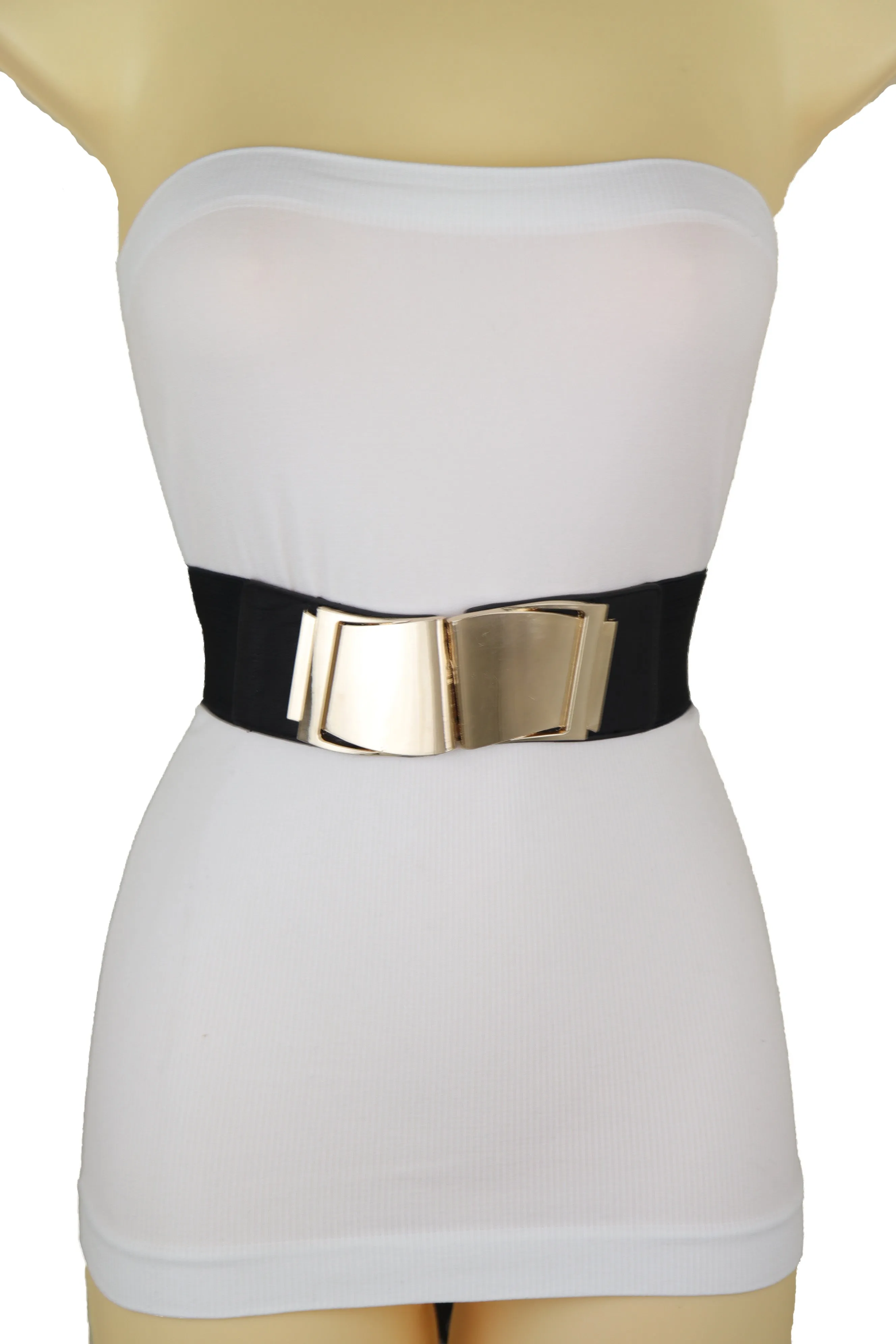 Black Faux Leather Stretch Waistband Hip High Waisted Belt Gold Wave Buckle S M