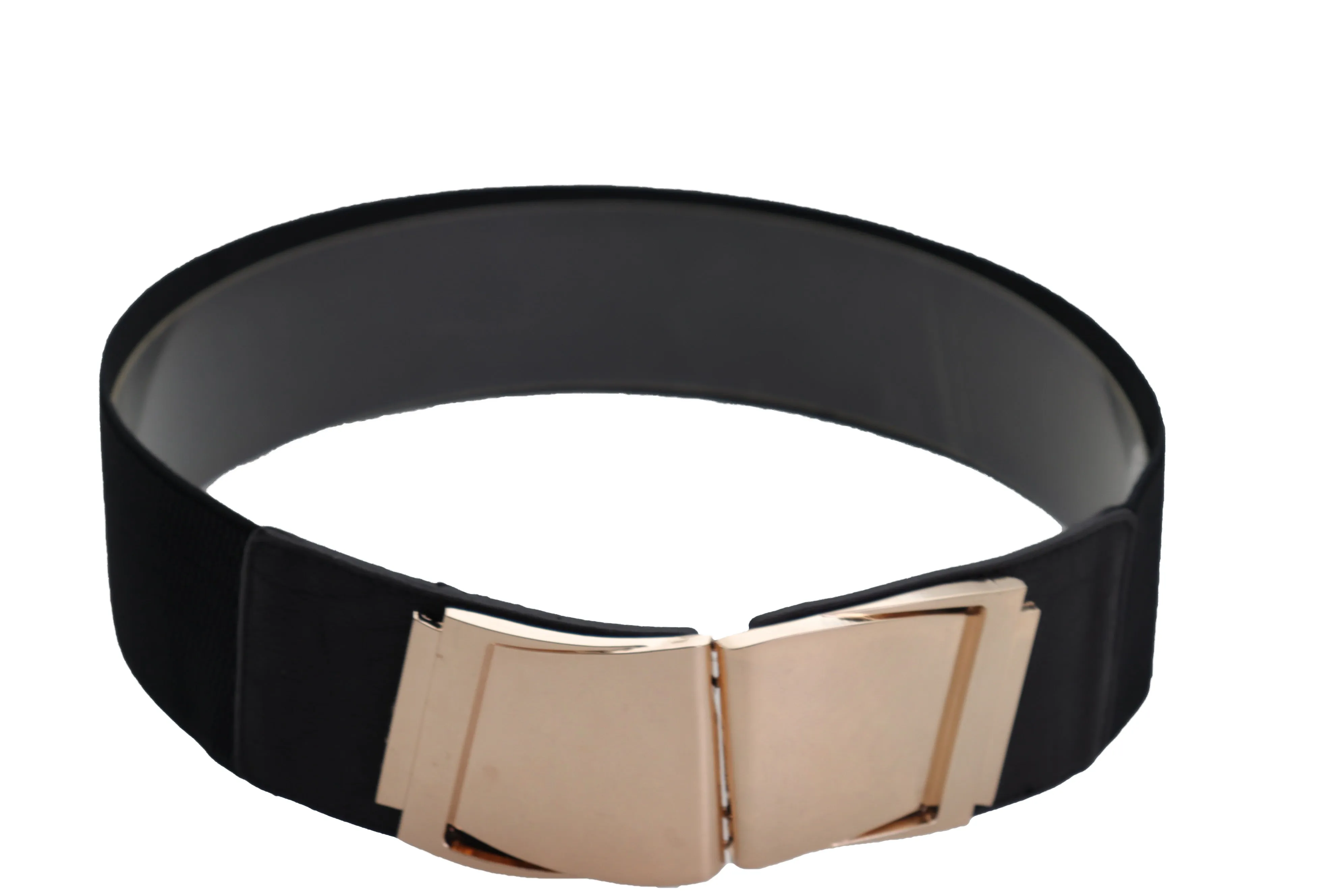 Black Faux Leather Stretch Waistband Hip High Waisted Belt Gold Wave Buckle S M