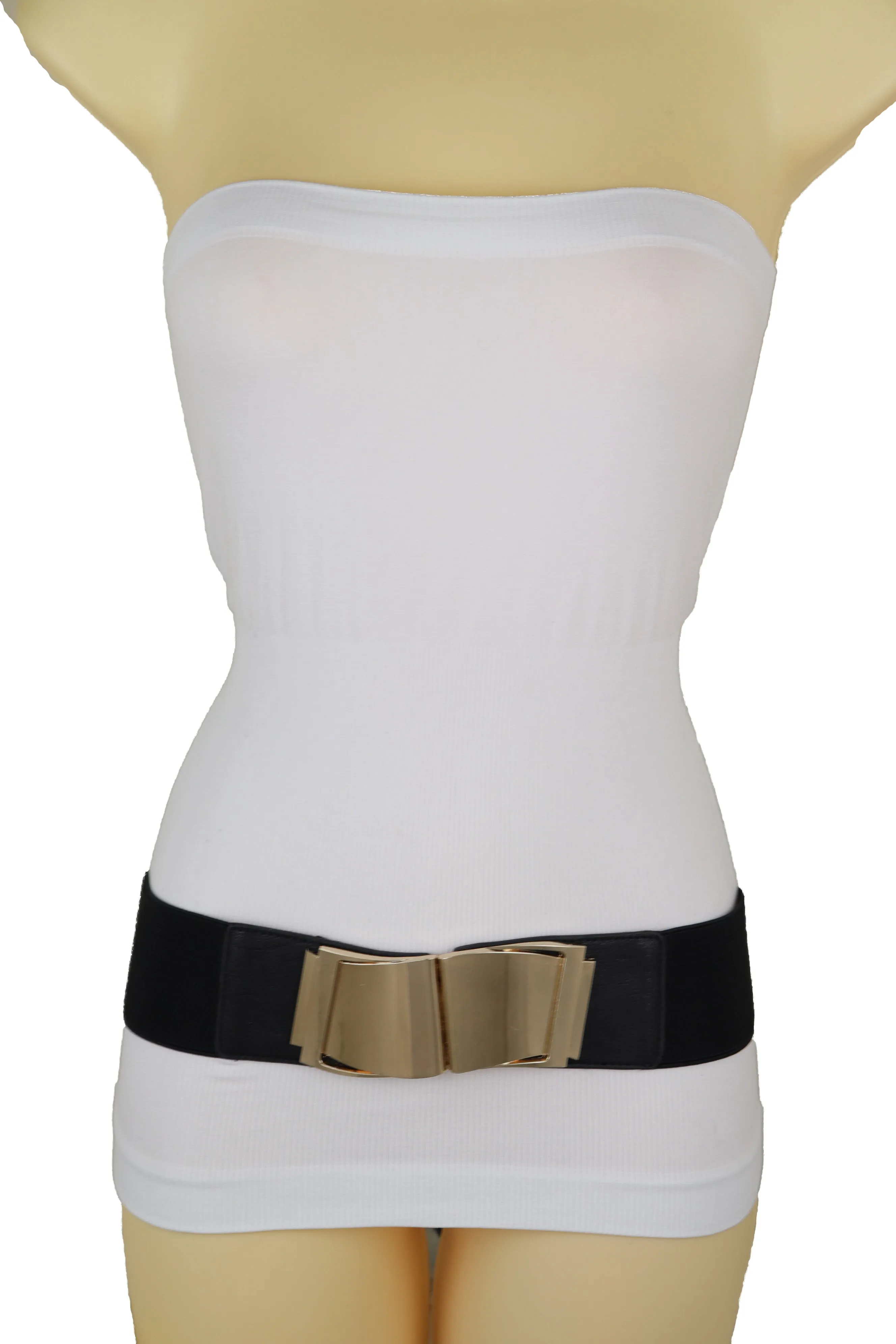 Black Faux Leather Stretch Waistband Hip High Waisted Belt Gold Wave Buckle S M