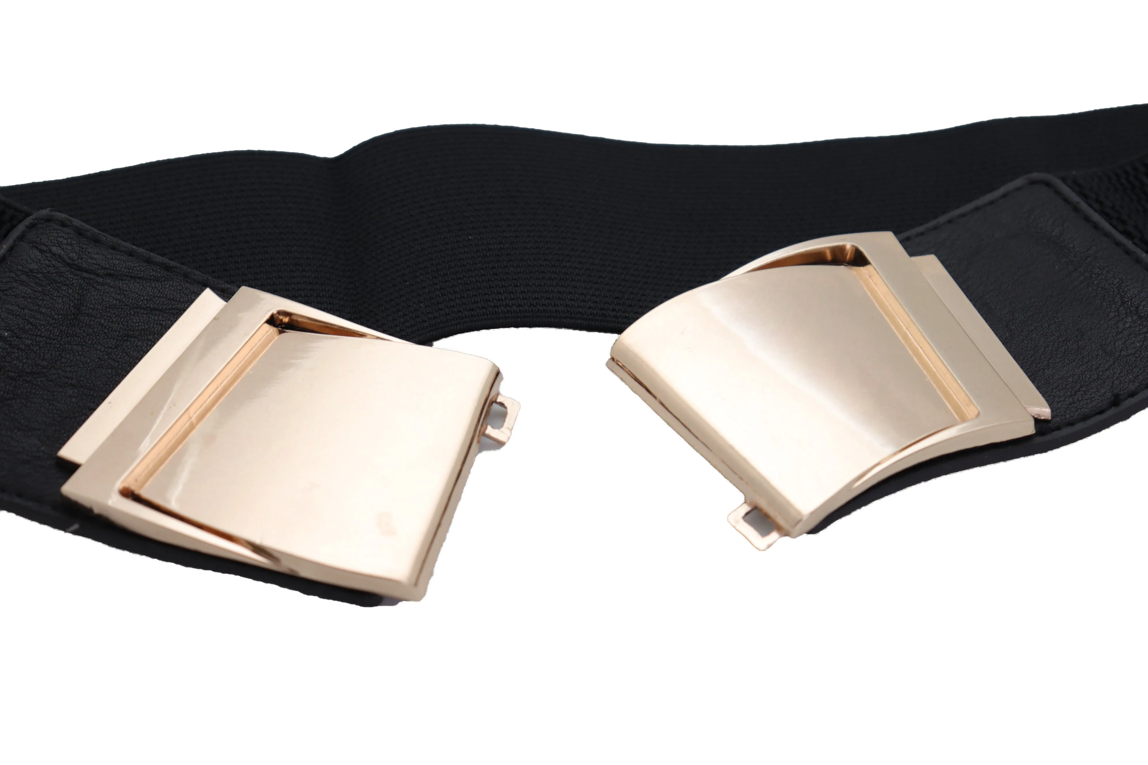 Black Faux Leather Stretch Waistband Hip High Waisted Belt Gold Wave Buckle S M