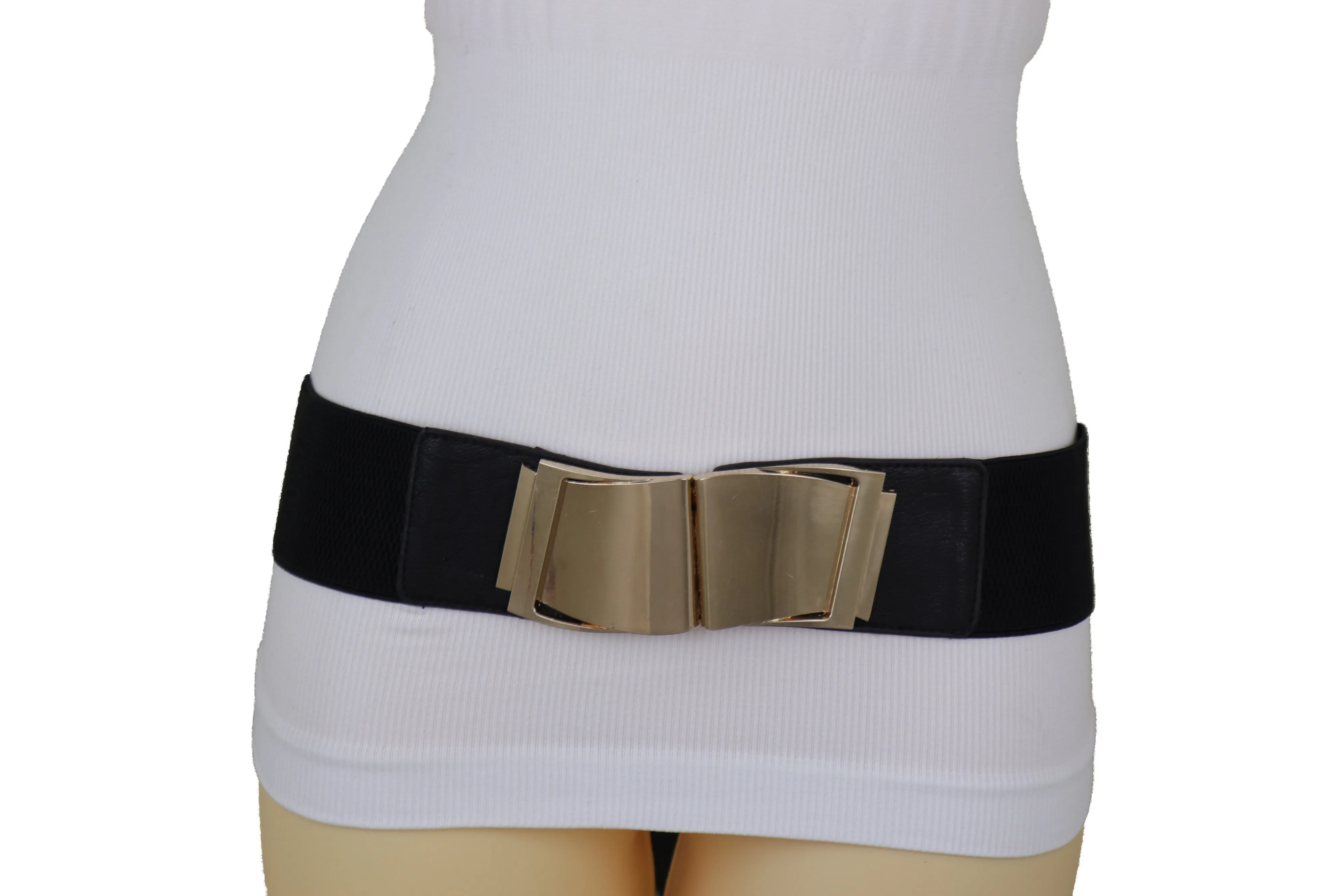 Black Faux Leather Stretch Waistband Hip High Waisted Belt Gold Wave Buckle S M