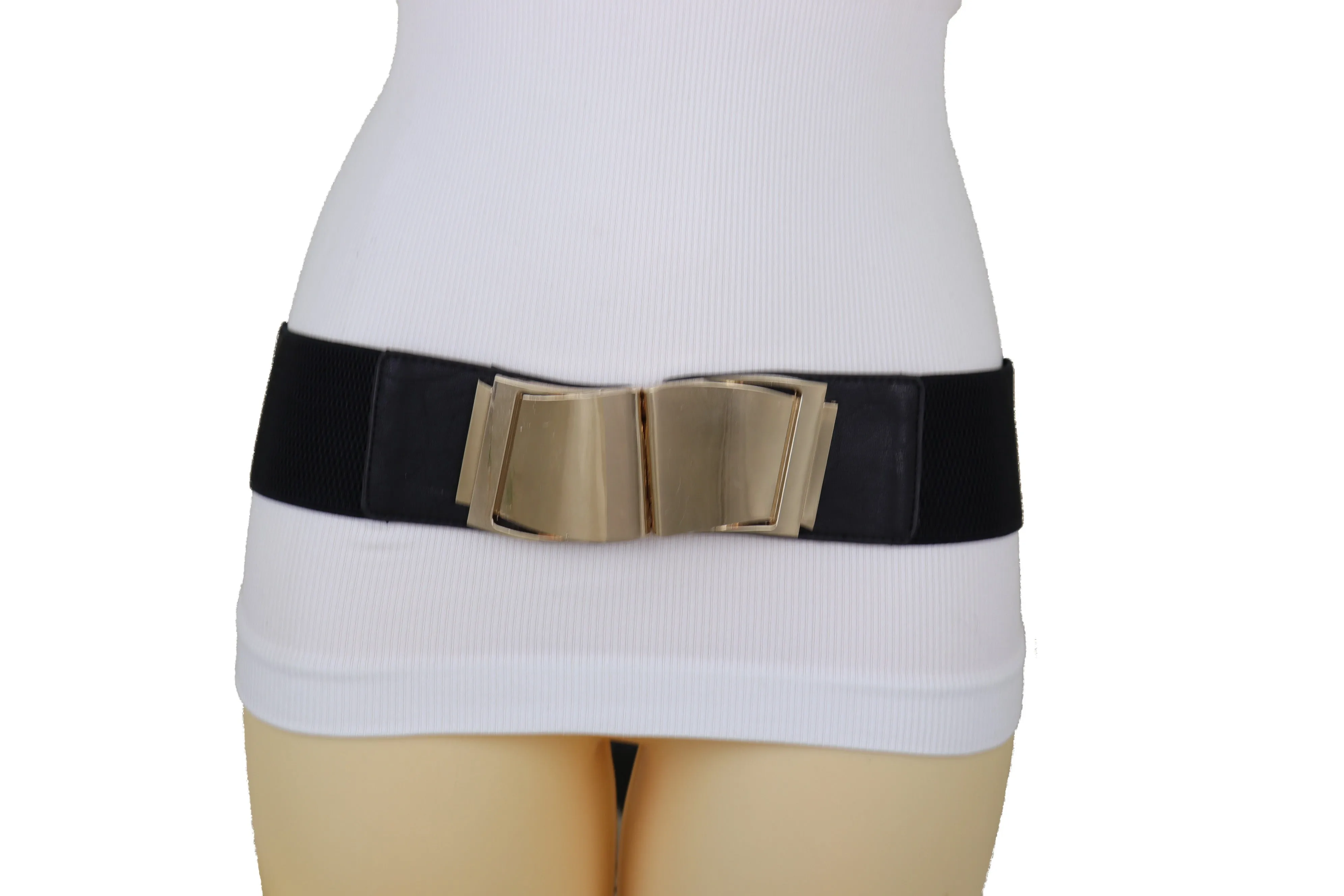 Black Faux Leather Stretch Waistband Hip High Waisted Belt Gold Wave Buckle S M